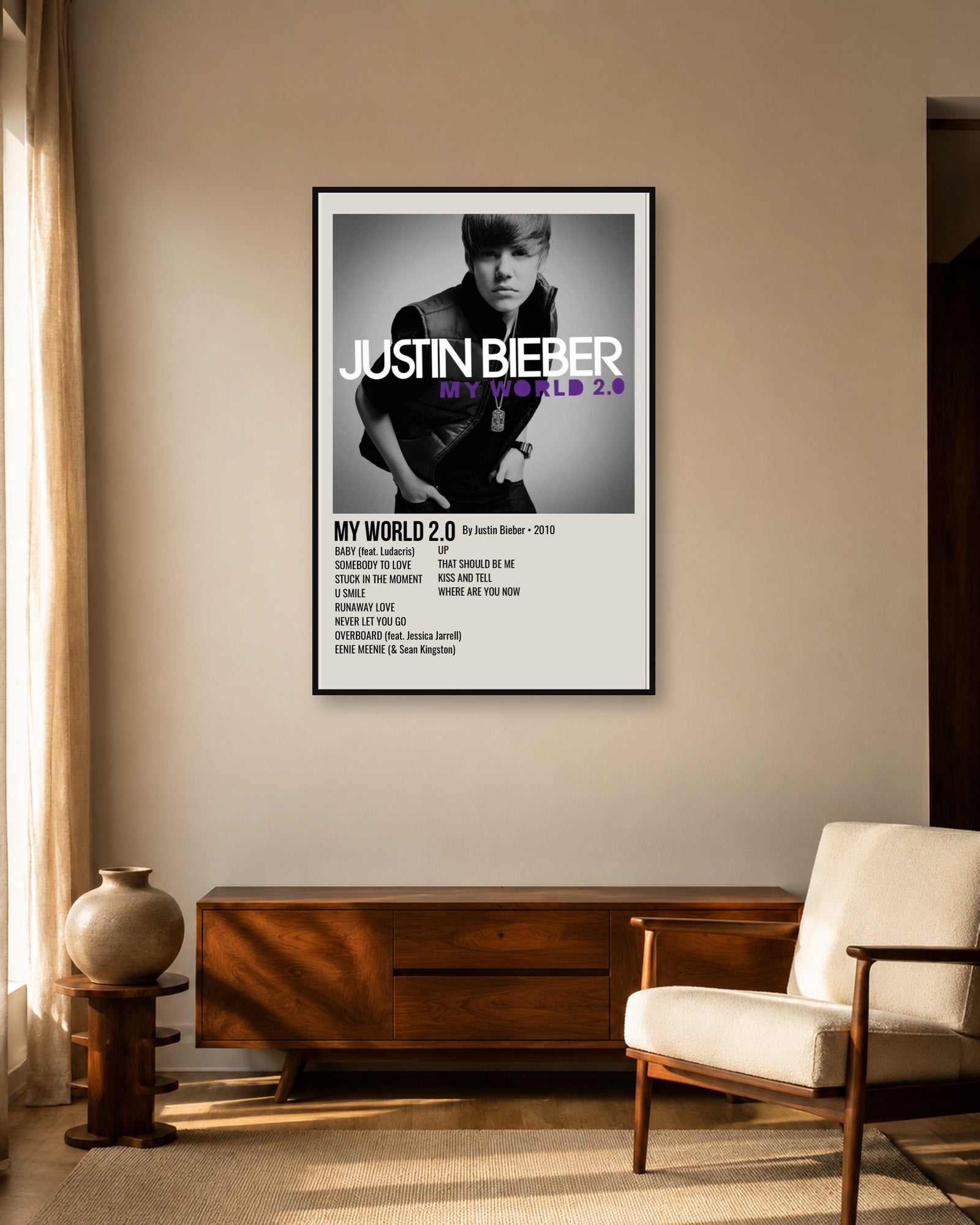 Justin Bieber My World 2.0 album poster in fixed warm mid-century living room display scene
