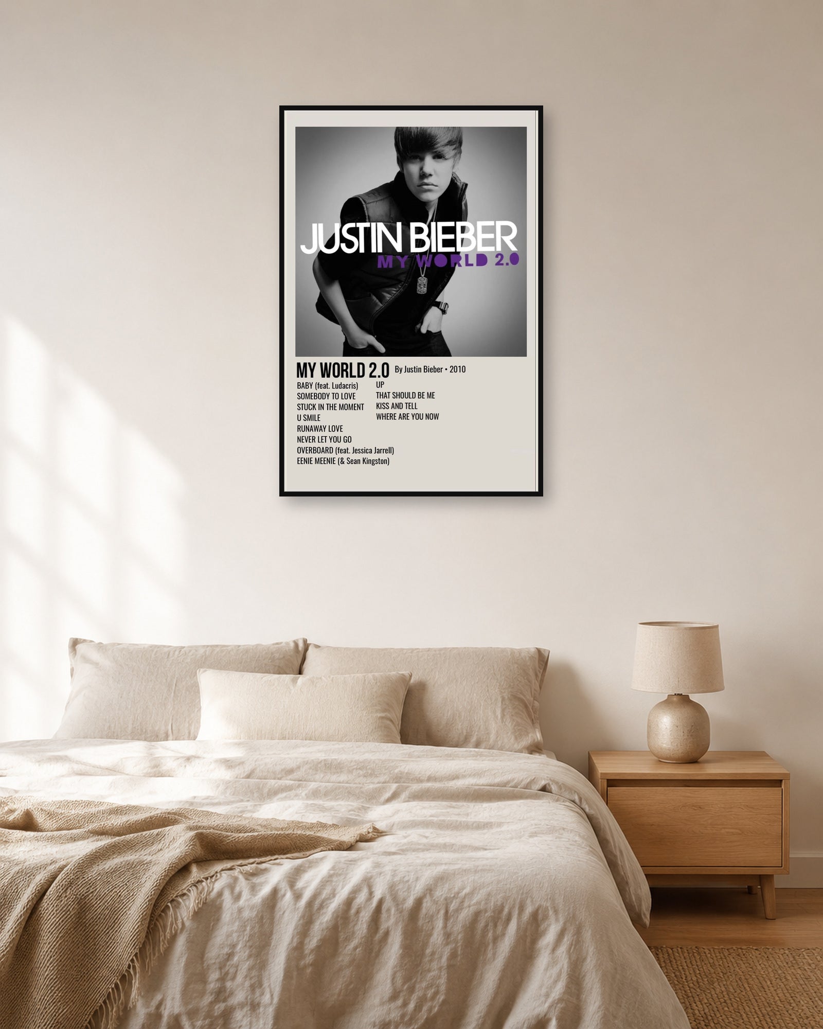 Justin Bieber My World 2.0 album poster in fixed off-white natural-light bedroom display scene