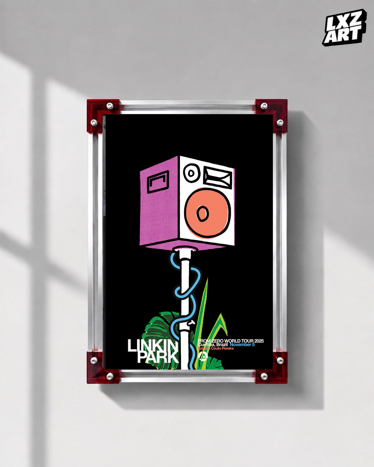 Linkin Park From Zero Curitiba 2025 tour poster in gray wall red-corner frame display