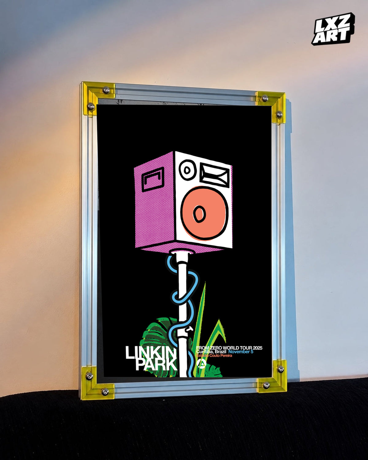 Linkin Park From Zero Curitiba 2025 tour poster in warm wall yellow-corner frame display