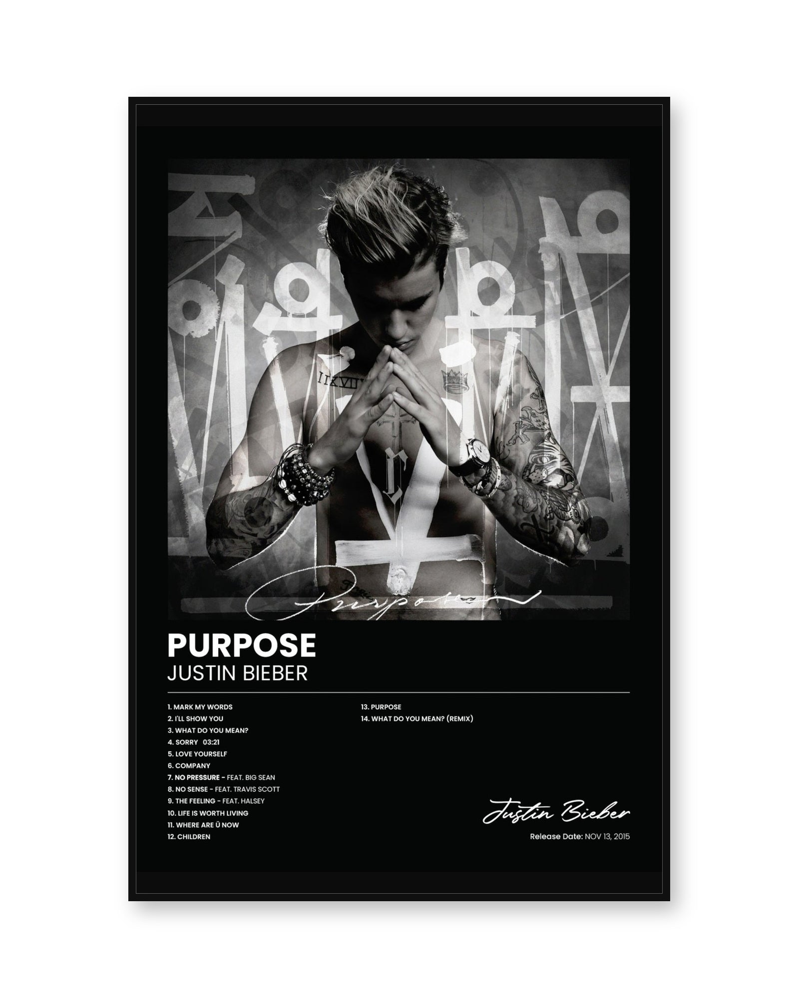 Justin Bieber Purpose album poster in thin black display frame on a pure white background