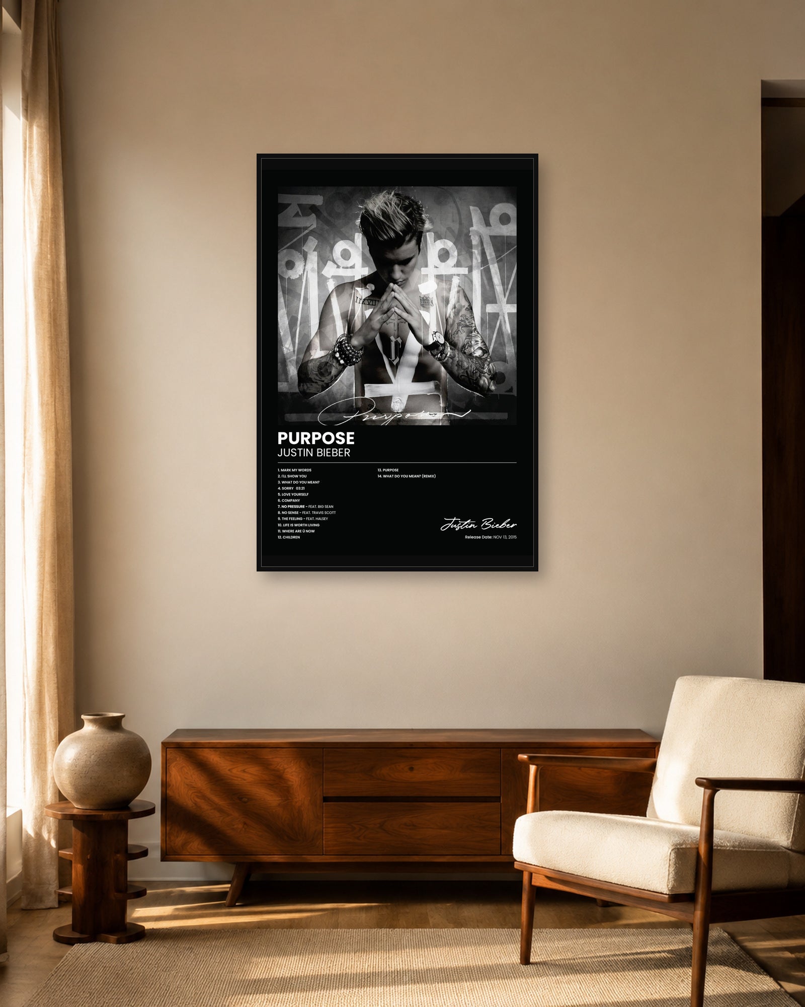 Justin Bieber Purpose album poster in fixed warm mid-century living room display scene