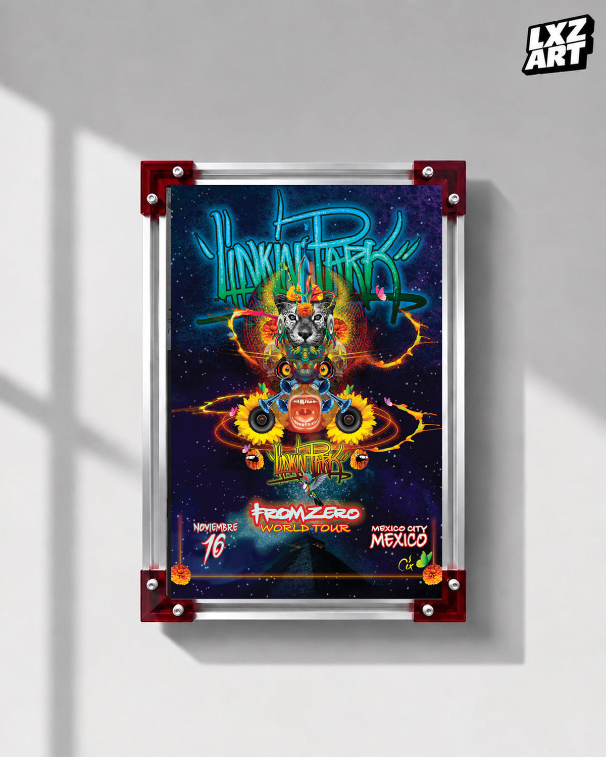 Linkin Park From Zero Mexico City 2025 tour poster in gray wall red-corner frame display