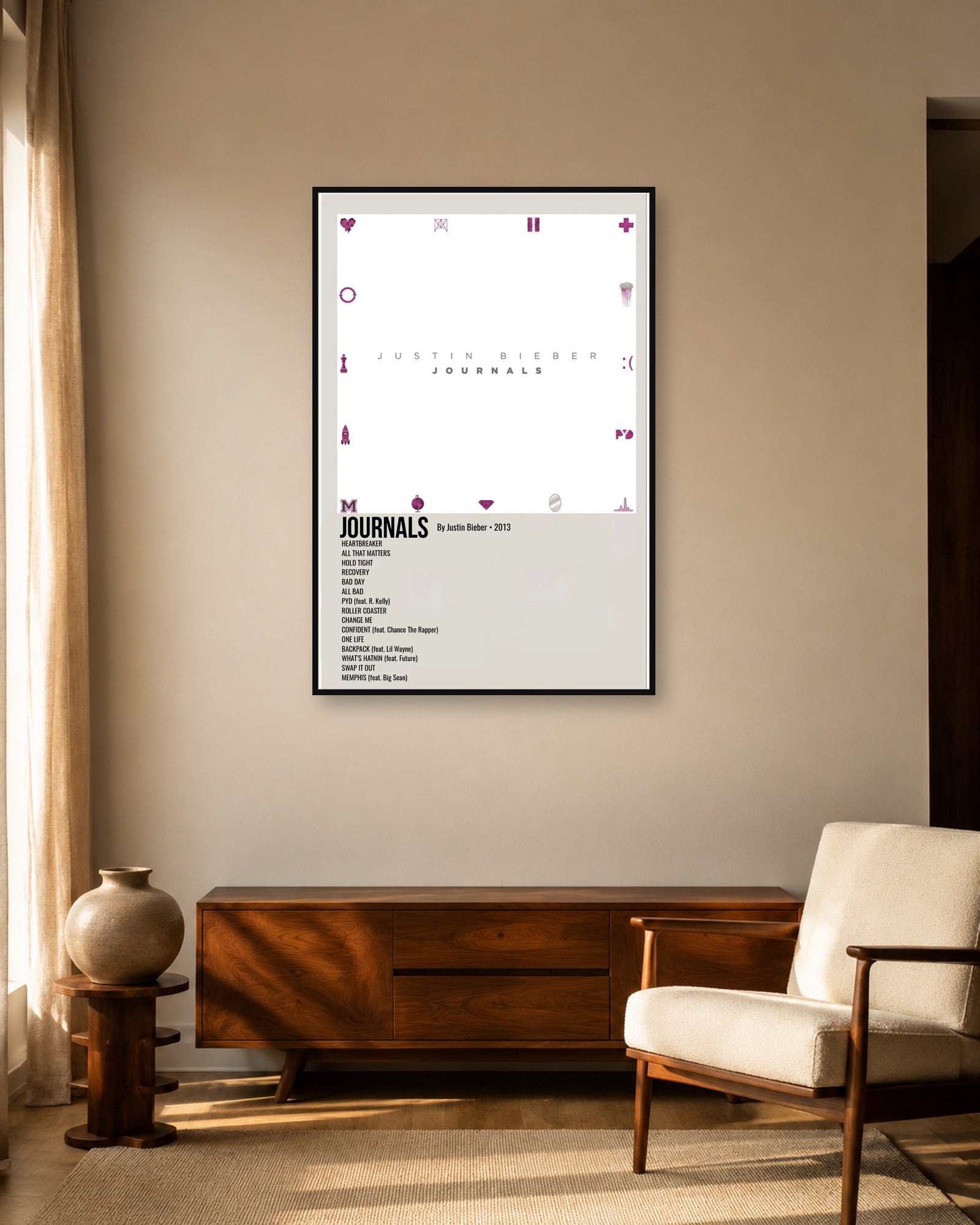 Justin Bieber Journals album poster in fixed warm mid-century living room display scene