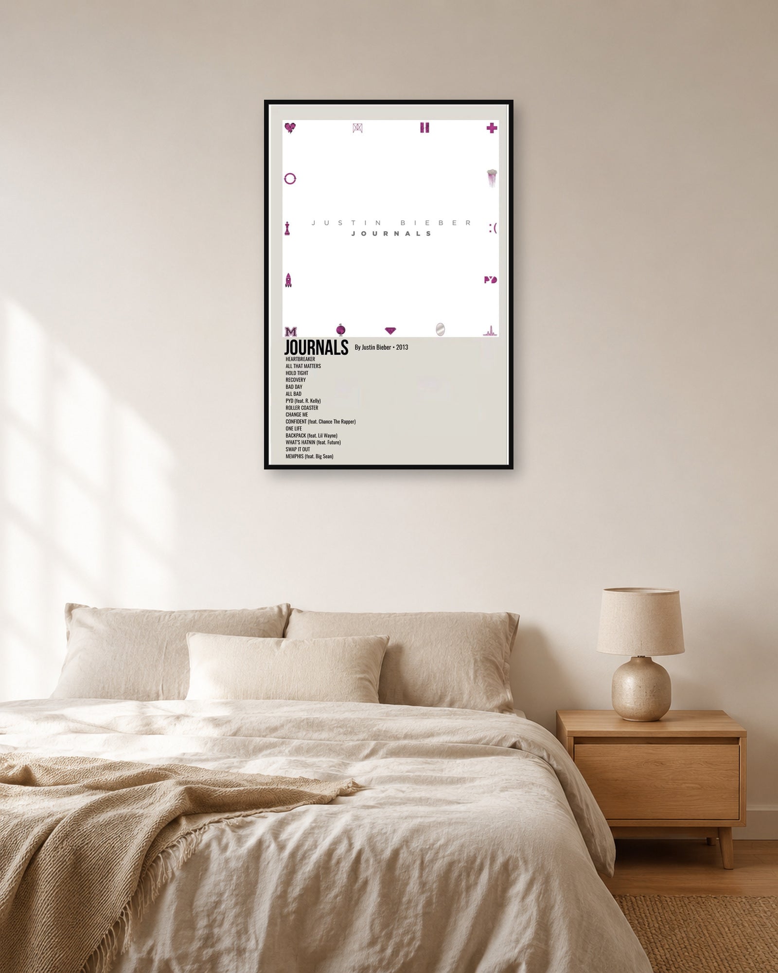Justin Bieber Journals album poster in fixed off-white natural-light bedroom display scene