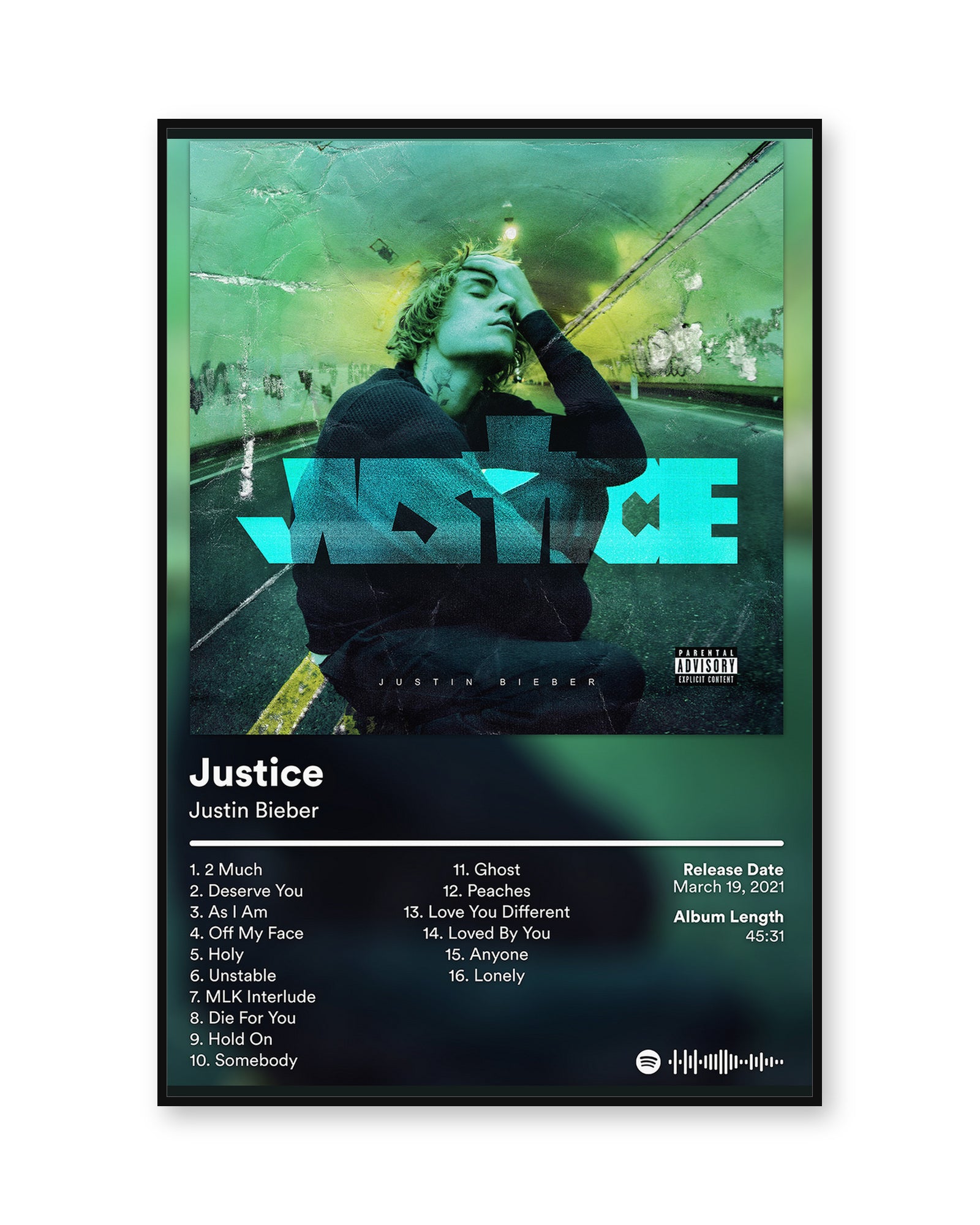 Justin Bieber Justice album poster in thin black display frame on a pure white background