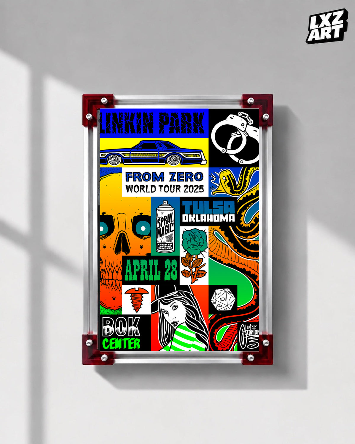 Linkin Park From Zero Tulsa 2025 tour poster in gray wall red-corner frame display
