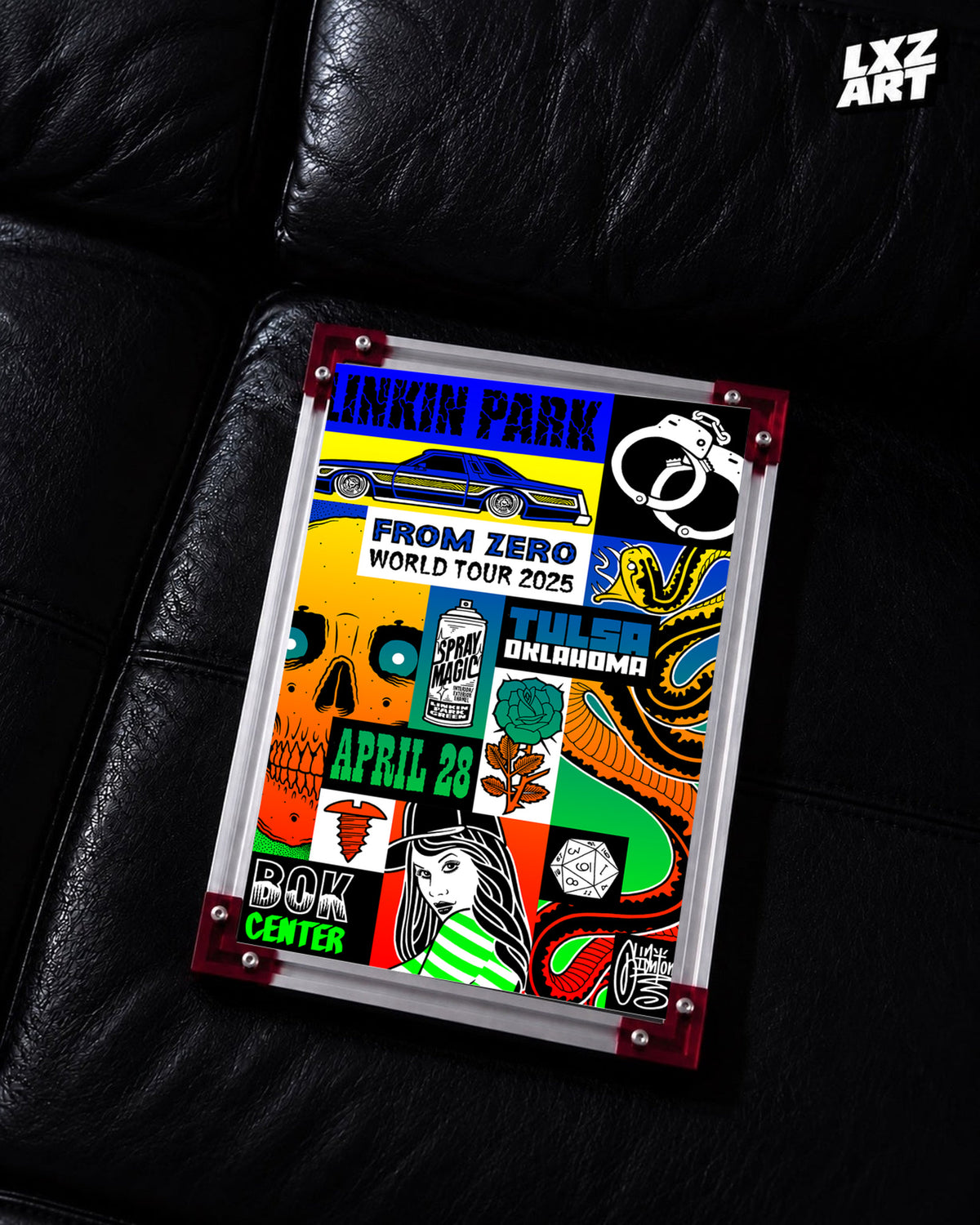 Linkin Park From Zero Tulsa 2025 tour poster in black leather sofa red-corner frame display