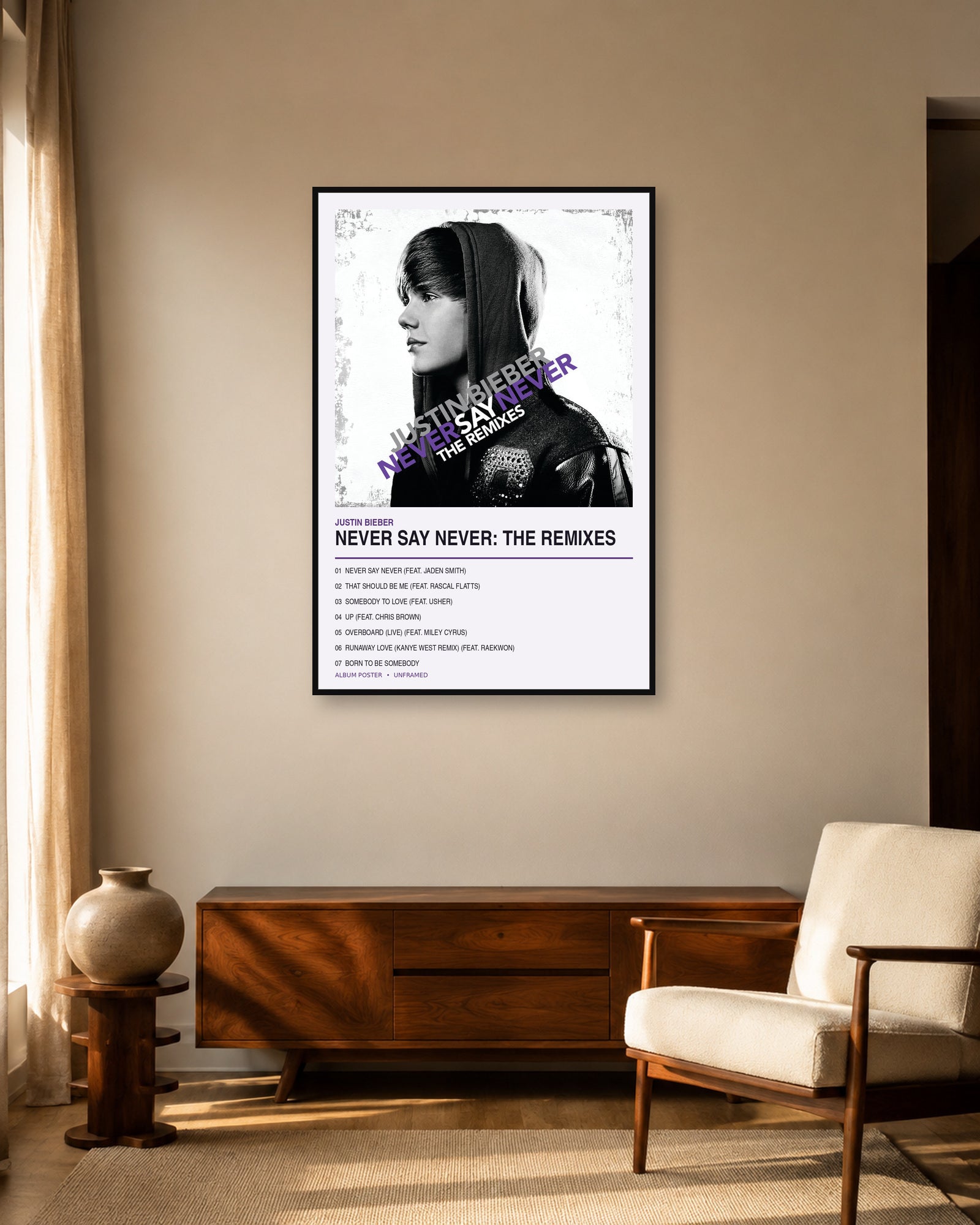 Justin Bieber Never Say Never: The Remixes album poster in fixed warm mid-century living room display scene