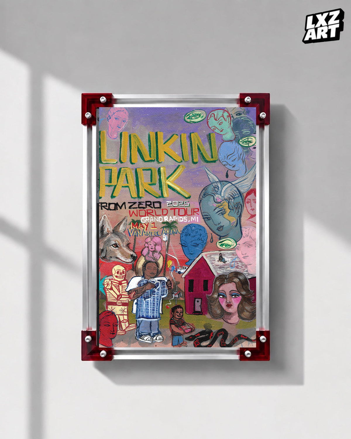 Linkin Park From Zero Grand Rapids 2025 tour poster in gray wall red-corner frame display
