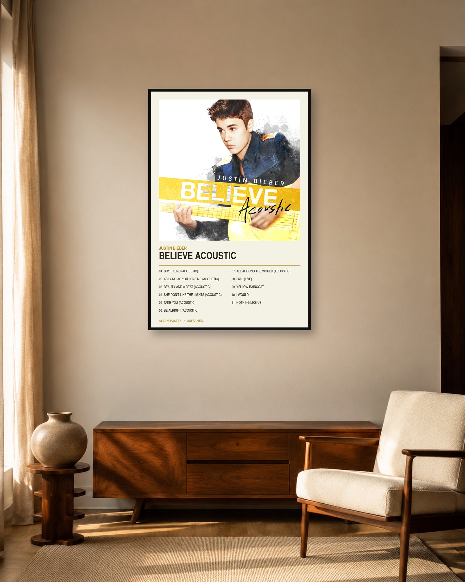 Justin Bieber Believe Acoustic album poster in fixed warm mid-century living room display scene