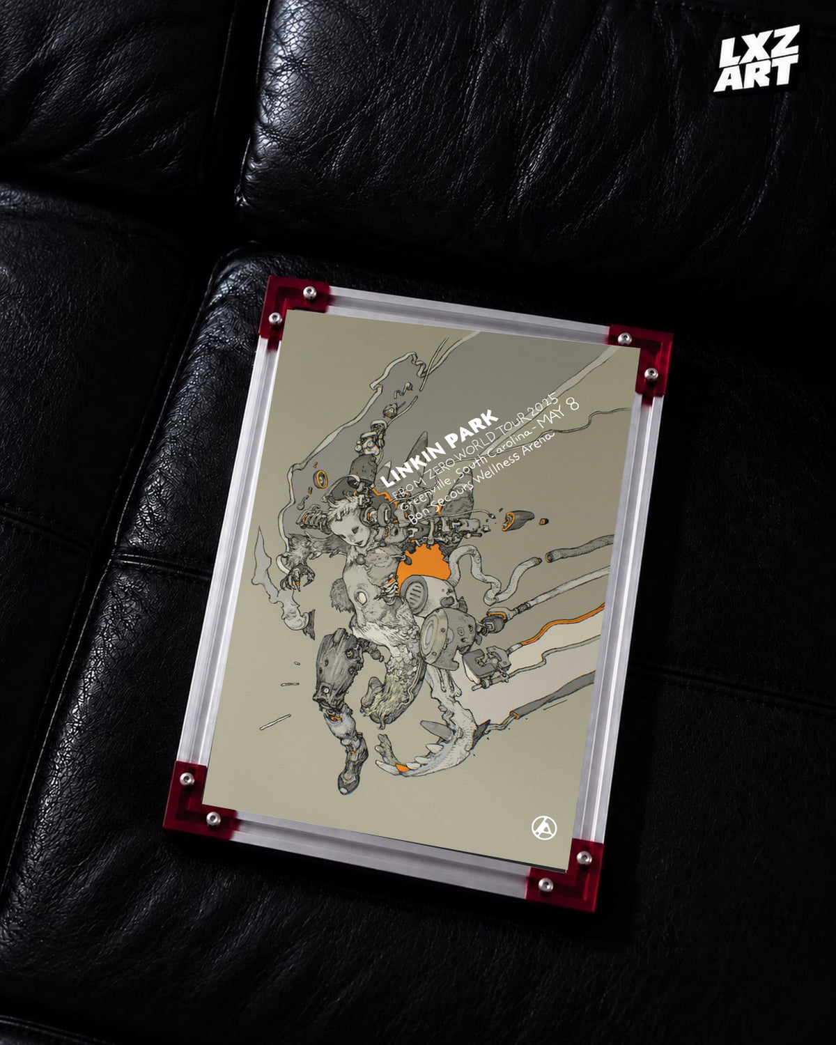 Linkin Park From Zero Greenville 2025 tour poster in black leather sofa red-corner frame display