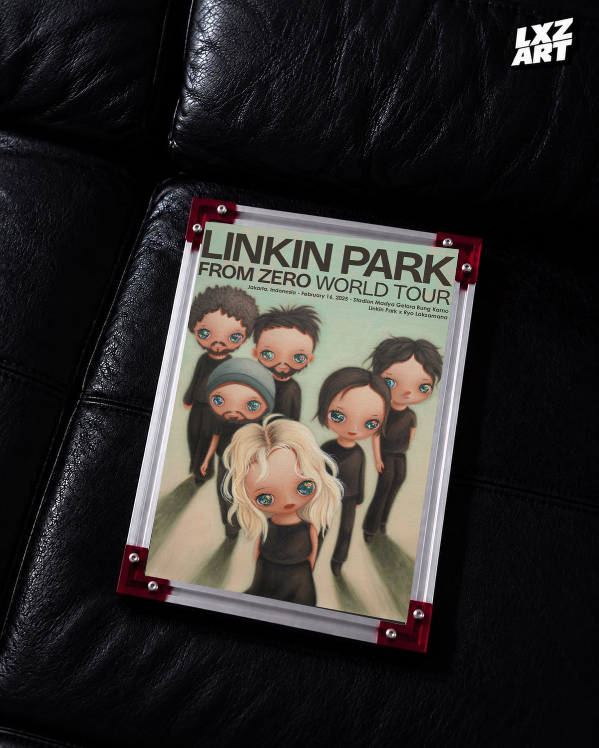 Linkin Park From Zero Jakarta 2025 tour poster in black leather sofa red-corner frame display
