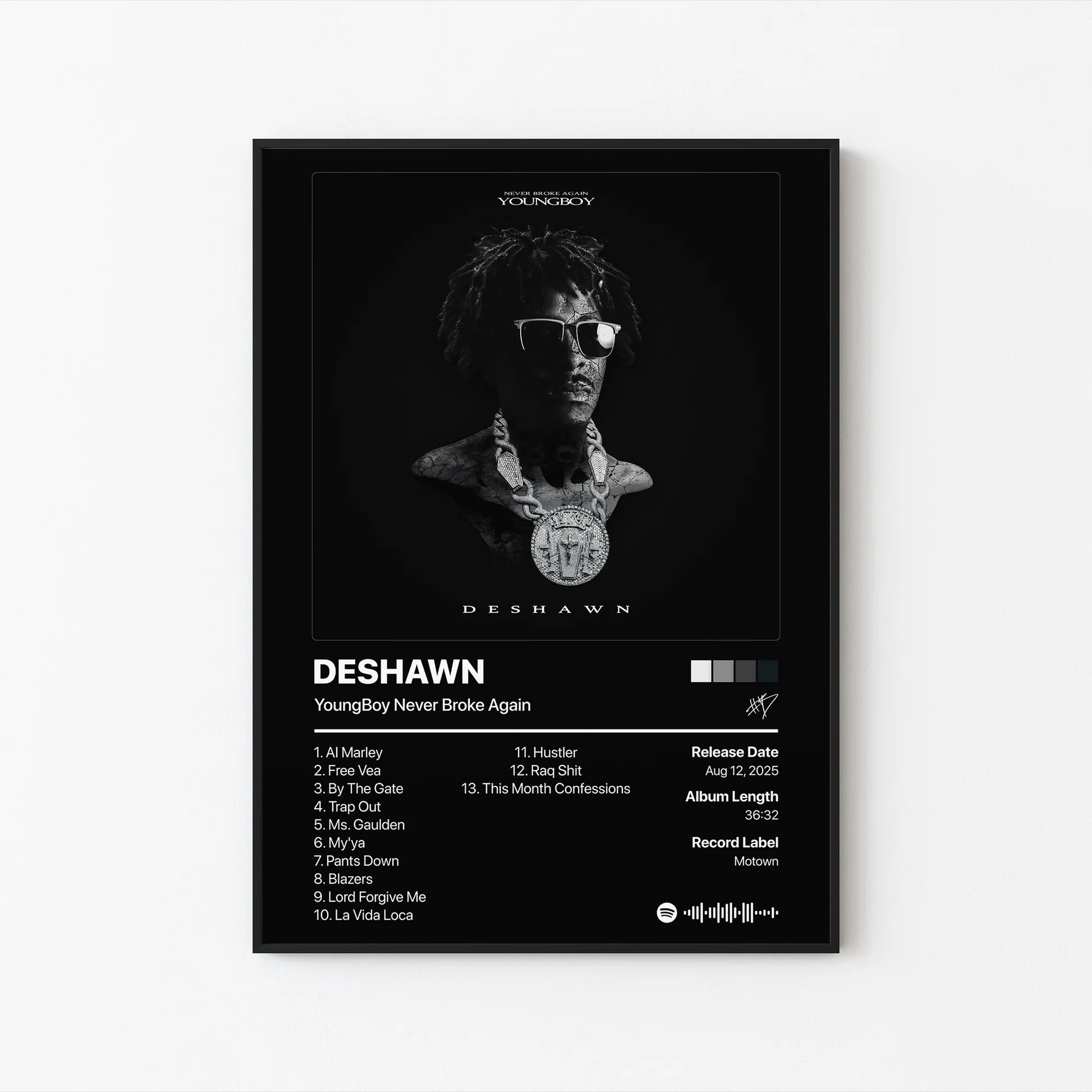 YoungBoy Never Broke Again DESHAWN 트랙리스트 포스터 | 프레임 없는 침실 벽 장식