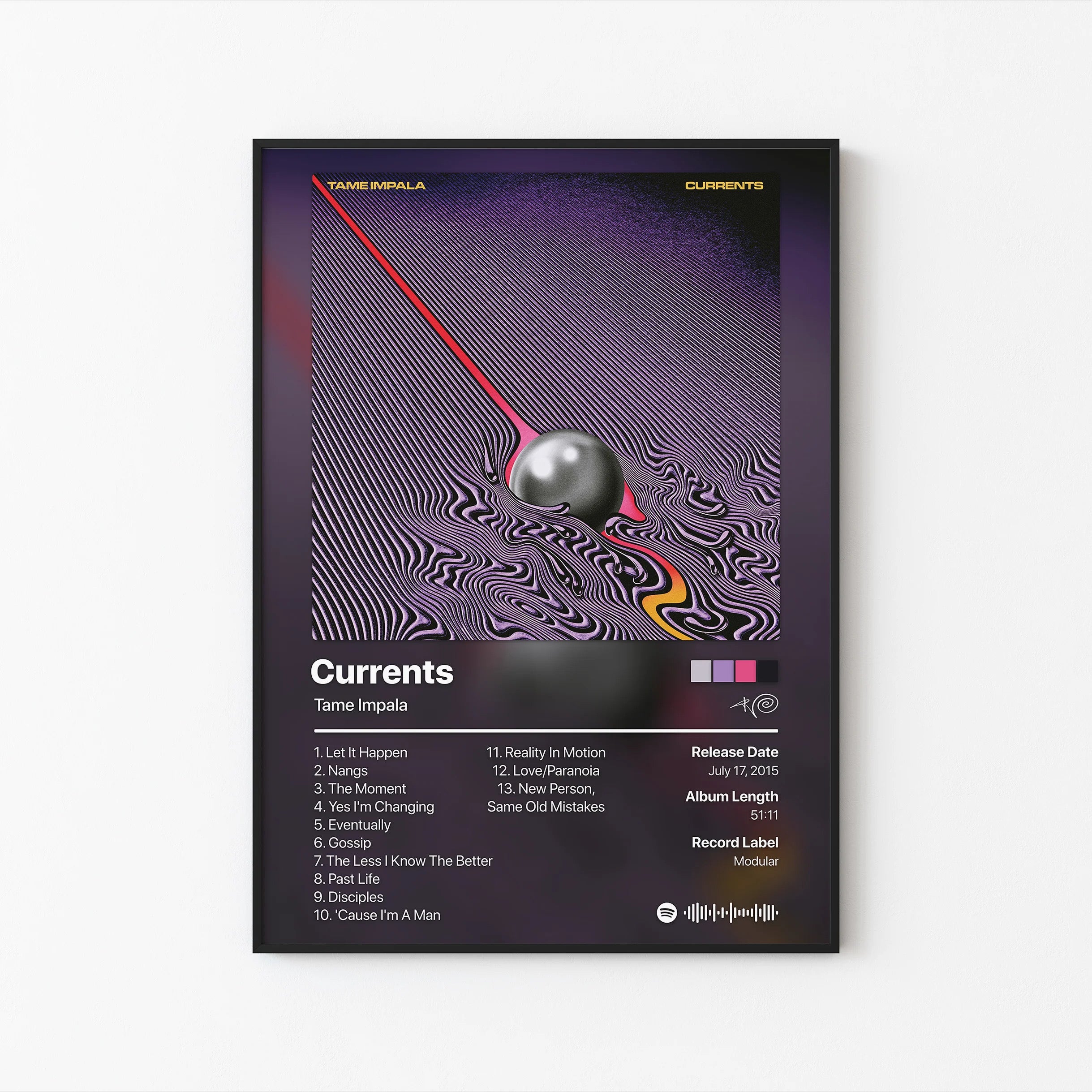 Tame Impala Currents 트랙리스트 포스터 | 프레임 없는 침실 벽 장식
