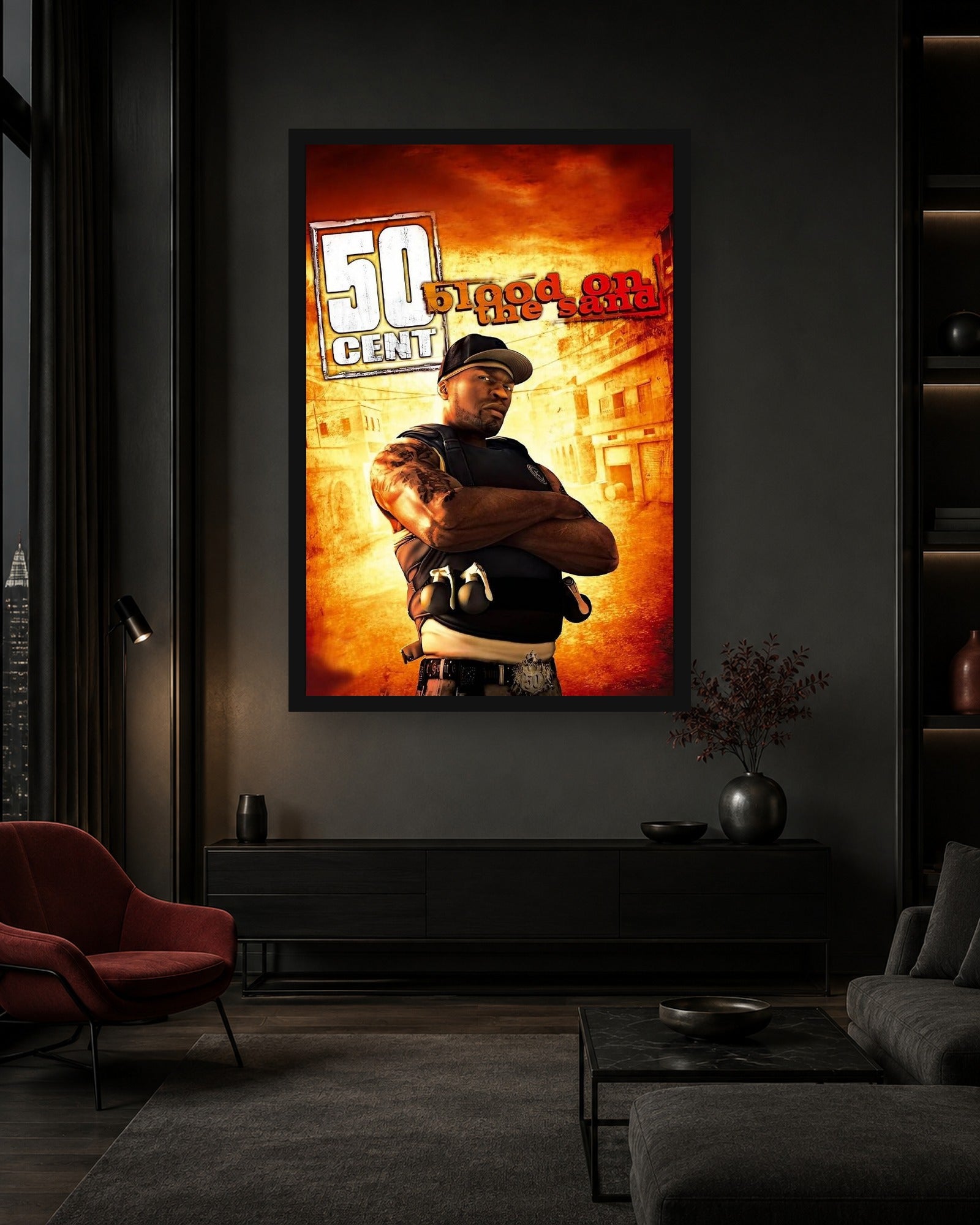 50 Cent Blood on the Sand Game Poster displayed in a second interior scene