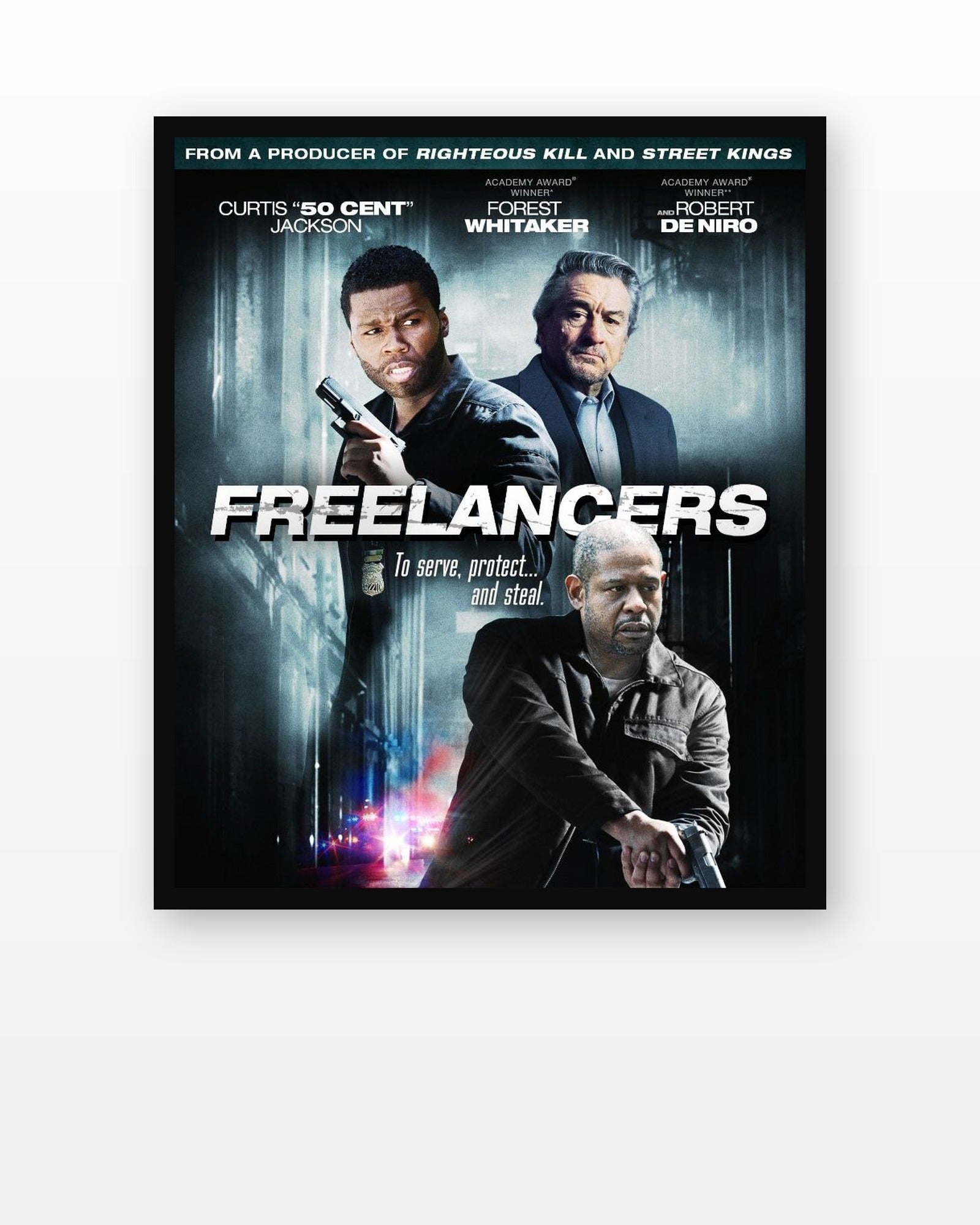 50 Cent Freelancers Movie Poster in a black frame on a white wall