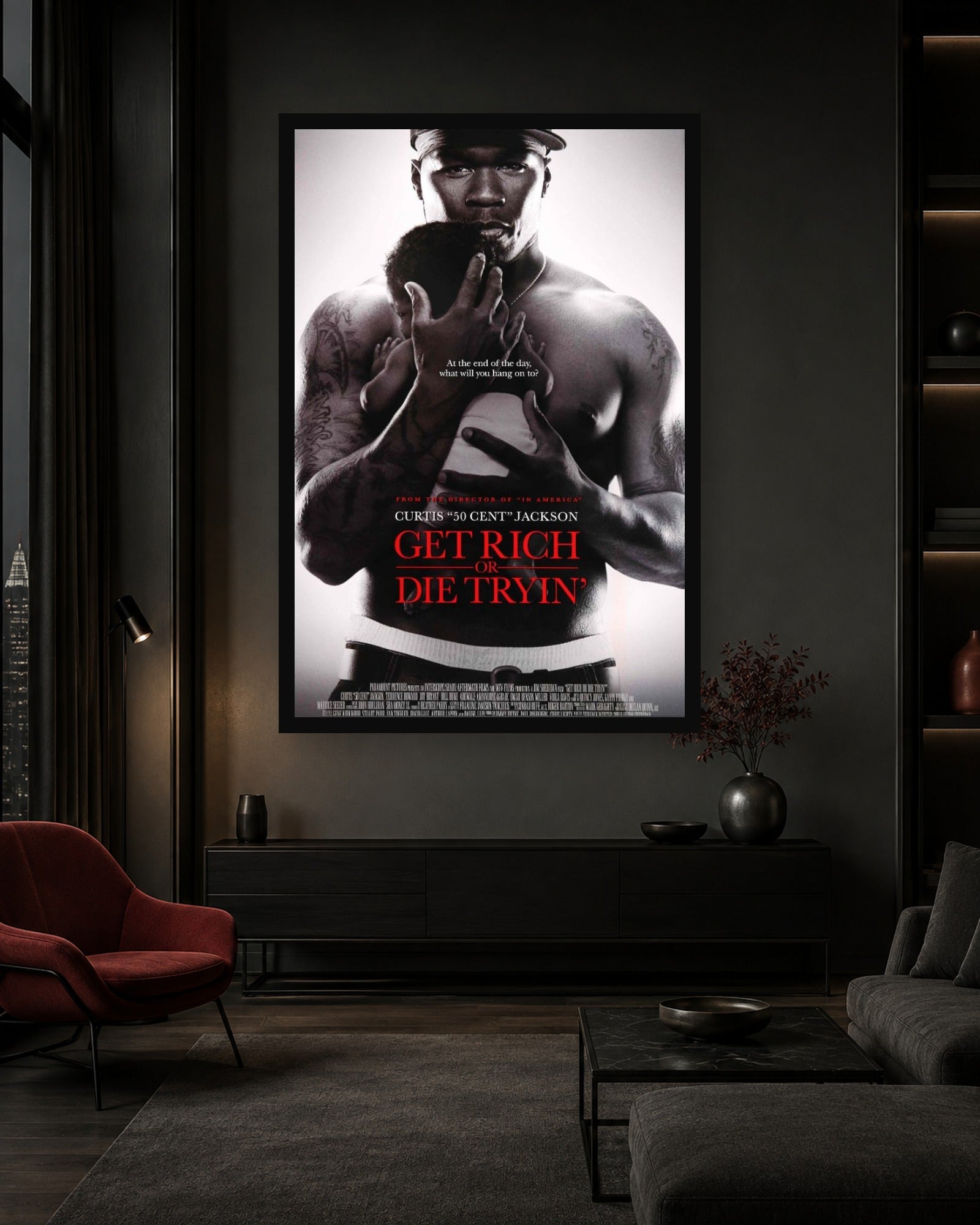 50 Cent Get Rich or Die Tryin Movie Poster in a coordinated interior scene