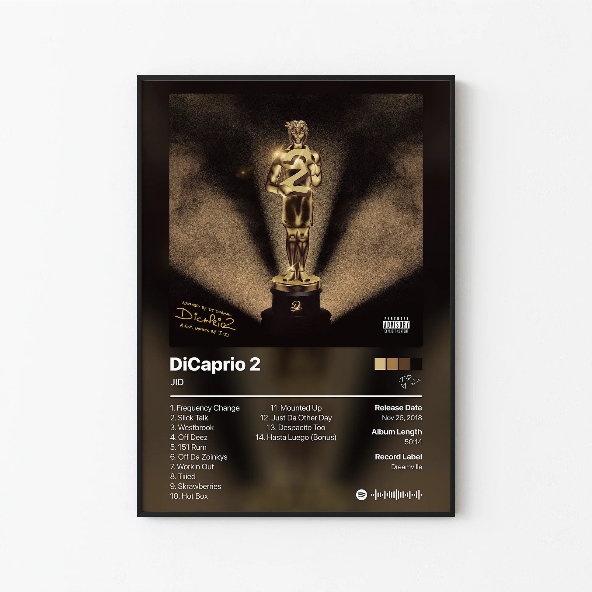 JID DiCaprio 2 트랙리스트 포스터 | 프레임 없는 침실 벽 장식