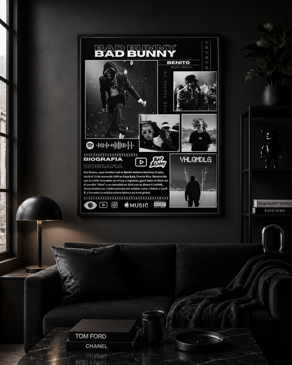 Постер «Bad Bunny» с коллажем в черных тонах | Настенный декор для спальни без рамки