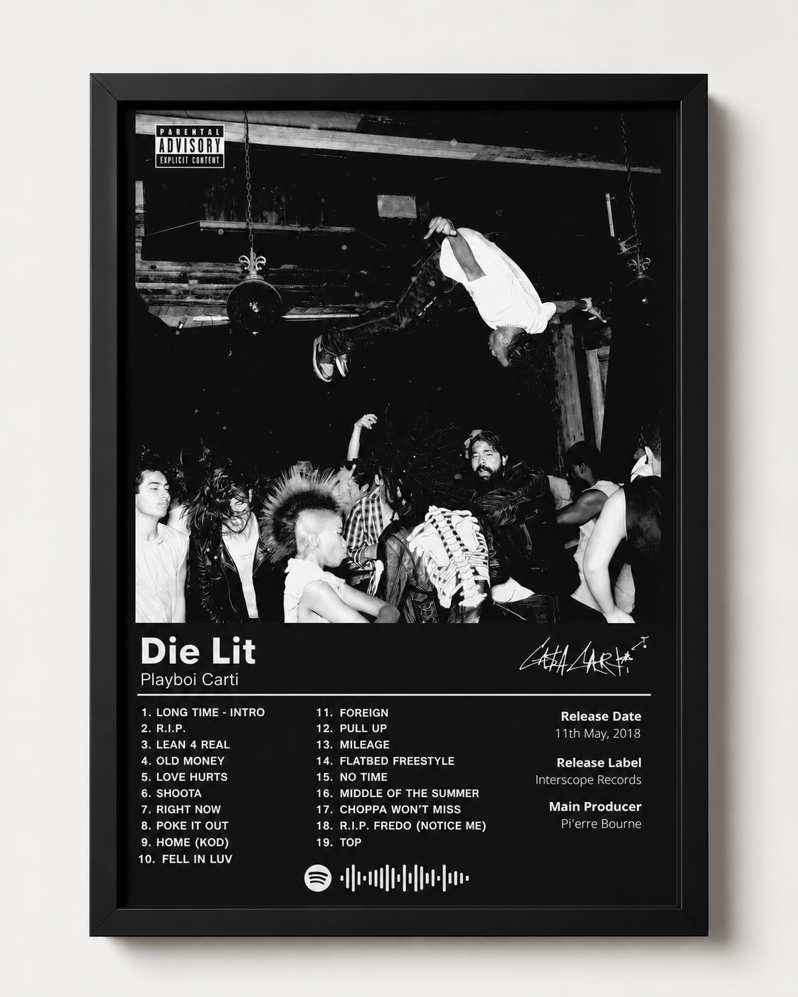 Playboi Carti Die Lit 블랙 트랙리스트 포스터 | 프레임 없는 침실 벽 장식