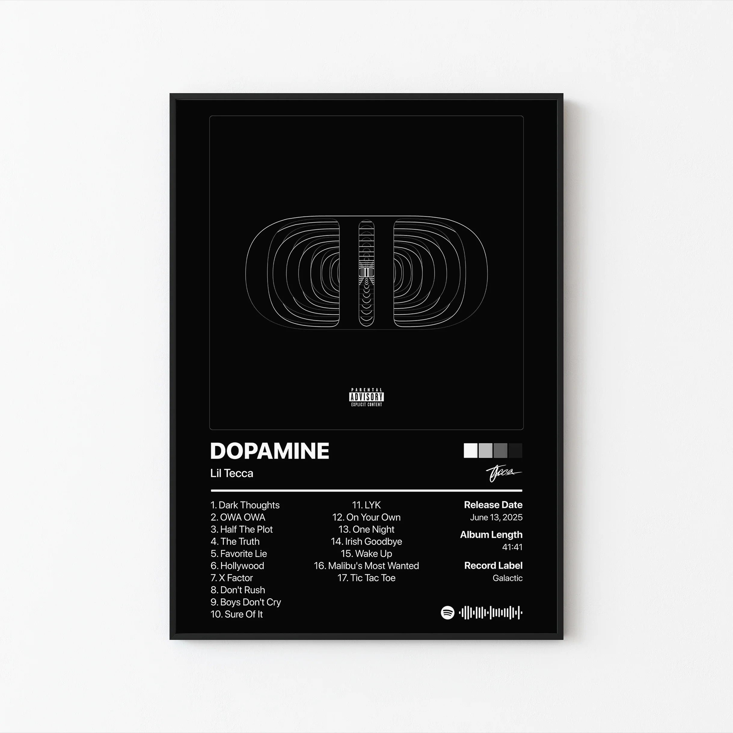 릴 테카(Lil Tecca) 도파민(Dopamine) 트랙리스트 포스터 | 프레임 없는 침실 벽 장식
