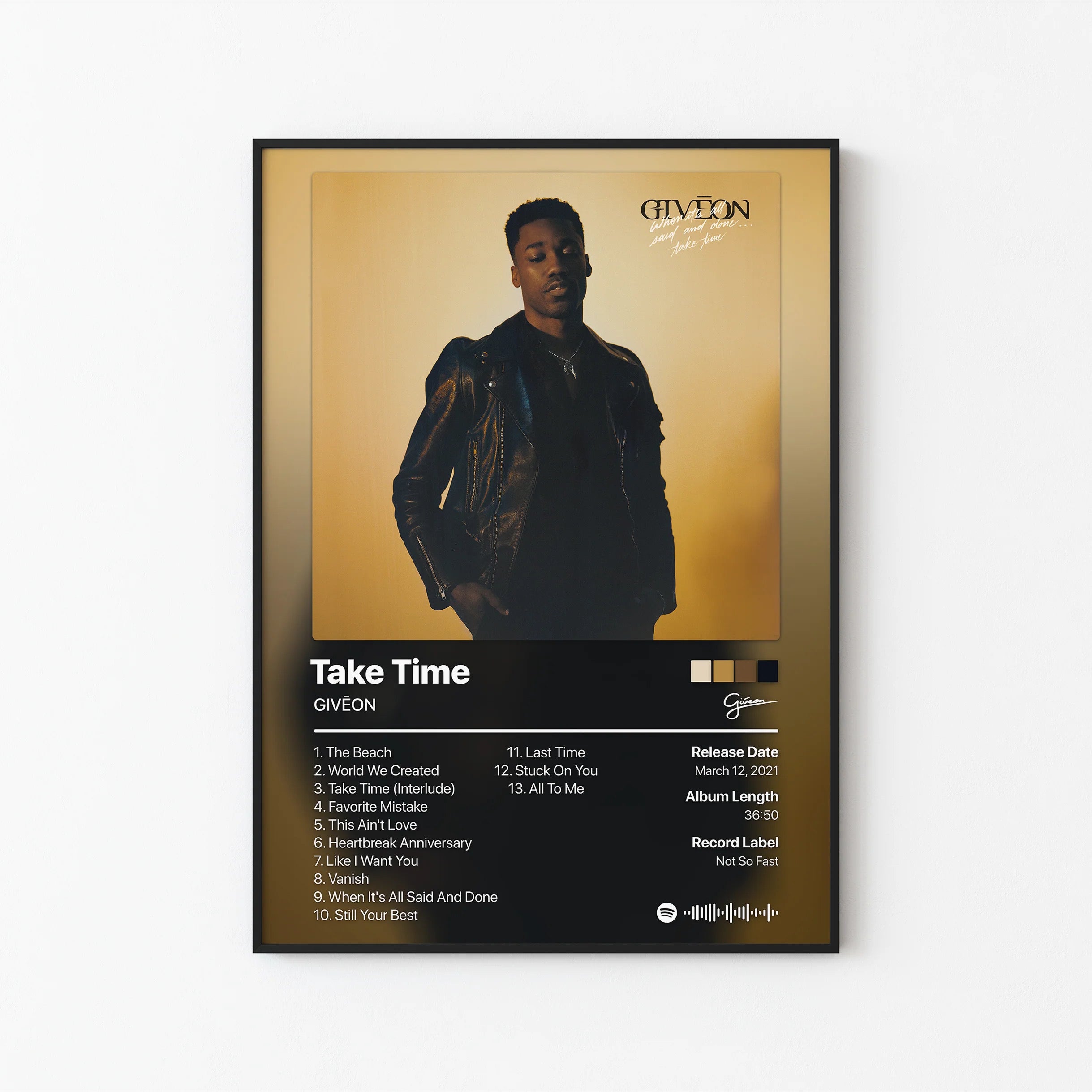 GIVĒON Take Time 트랙리스트 포스터 | 프레임 없는 침실 벽 장식