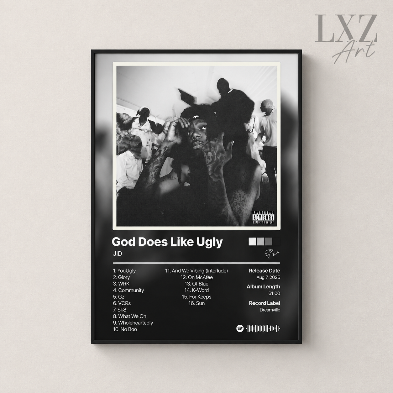 JID God Does Like Ugly Black & White Tracklist Poster | Unframed Bedroom Wall Art