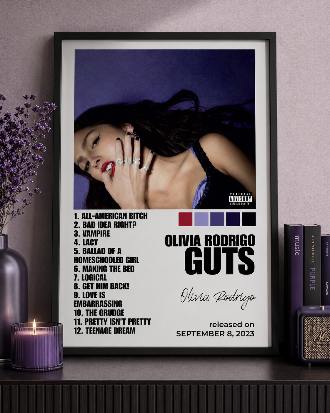 올리비아 로드리고 GUTS 트랙리스트 포스터 | 프레임 없는 침실 벽 예술