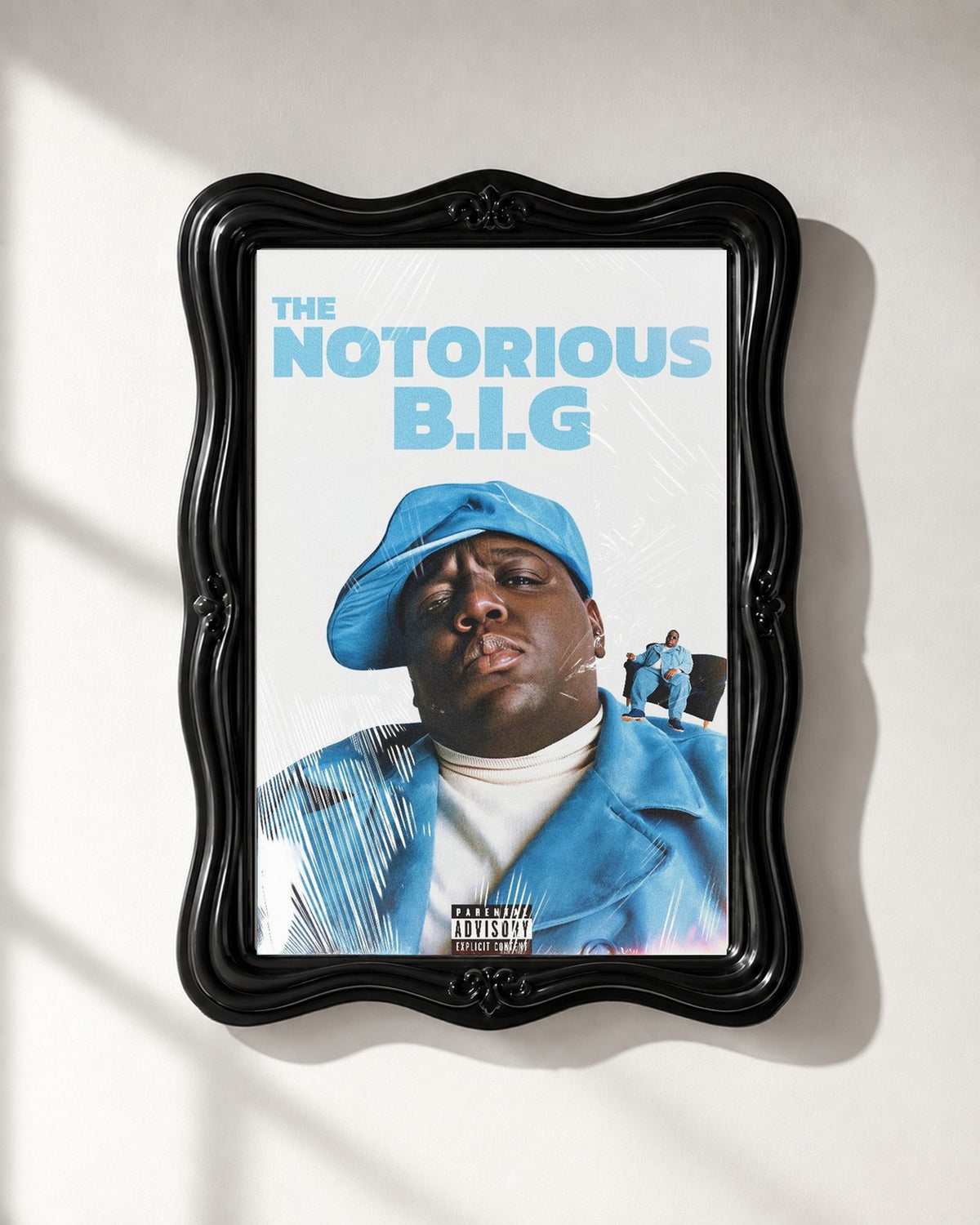 The Notorious B.I.G. Blue Portrait Collage Poster, close-up. Frame not included.