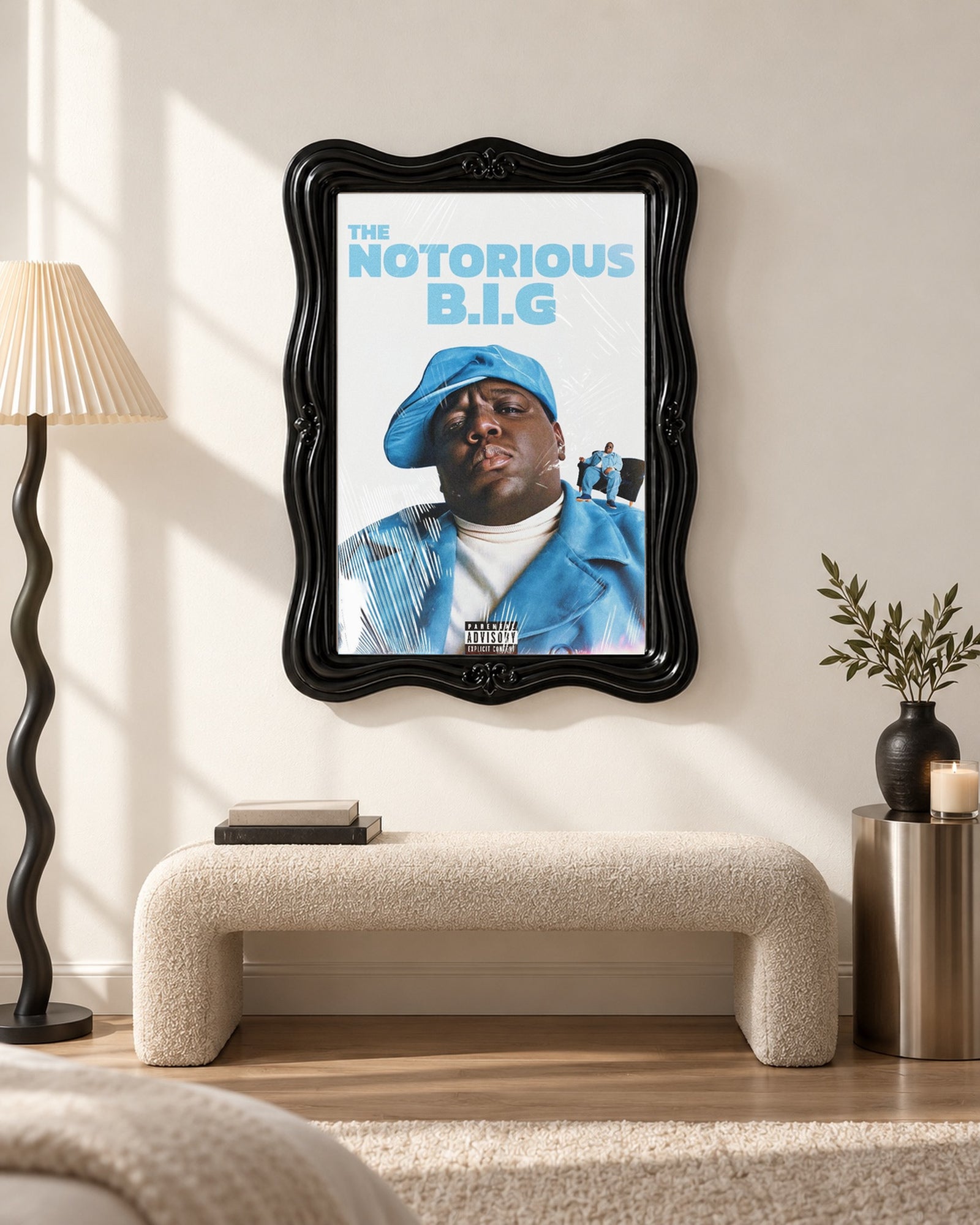 The Notorious B.I.G. Blue Portrait Collage Poster, bench scene. Frame not included.