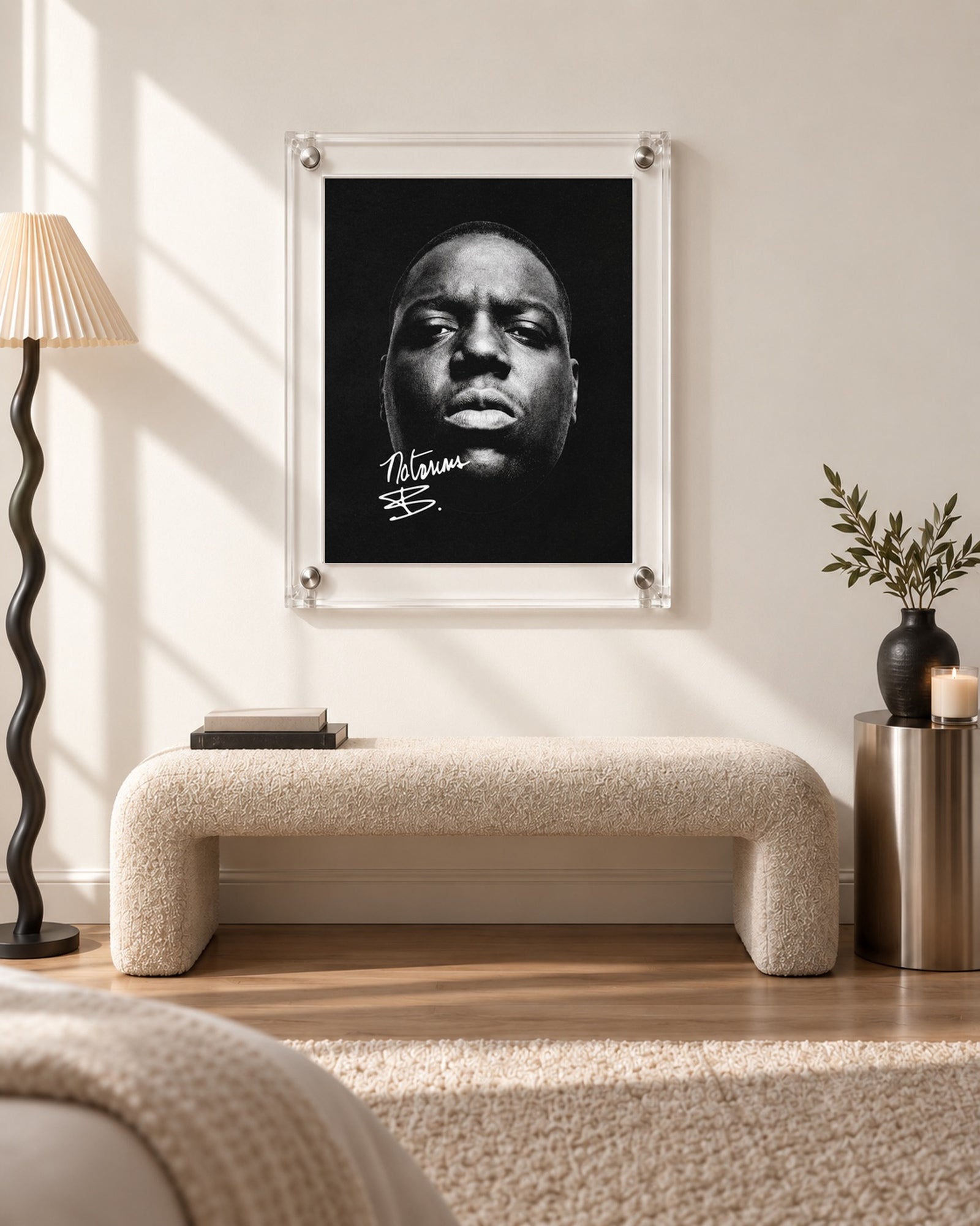The Notorious B.I.G. Black and White Close-Up Portrait Poster, bench scene. Frame not included.