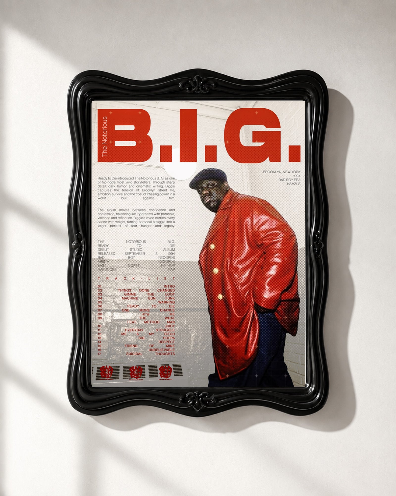 The Notorious B.I.G. Ready to Die Red Jacket Tracklist Poster, close-up. Frame not included.