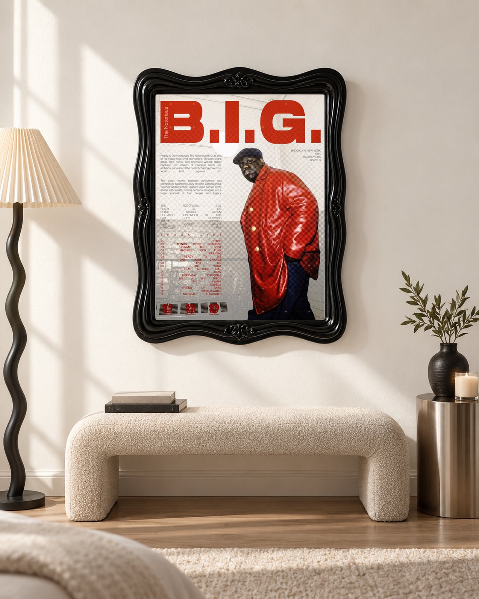The Notorious B.I.G. Ready to Die Red Jacket Tracklist Poster, bench scene. Frame not included.