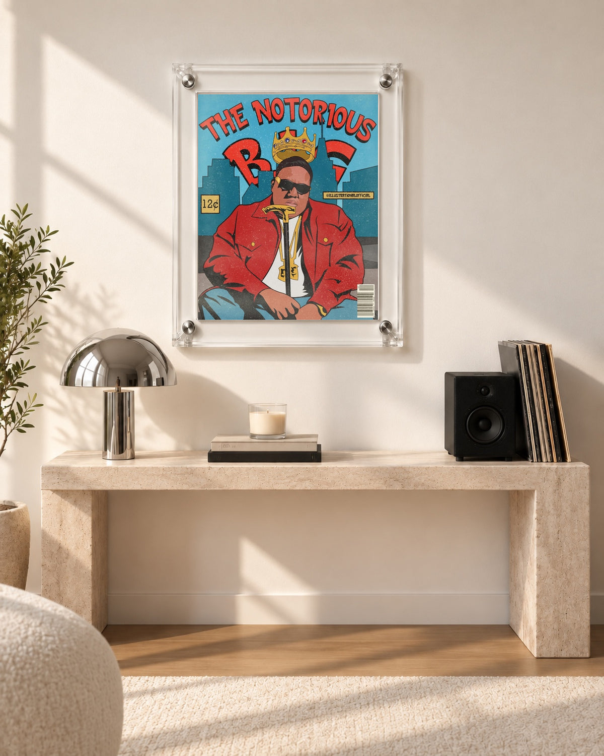 The Notorious B.I.G. Red Jacket Comic Style Poster, console scene. Frame not included.