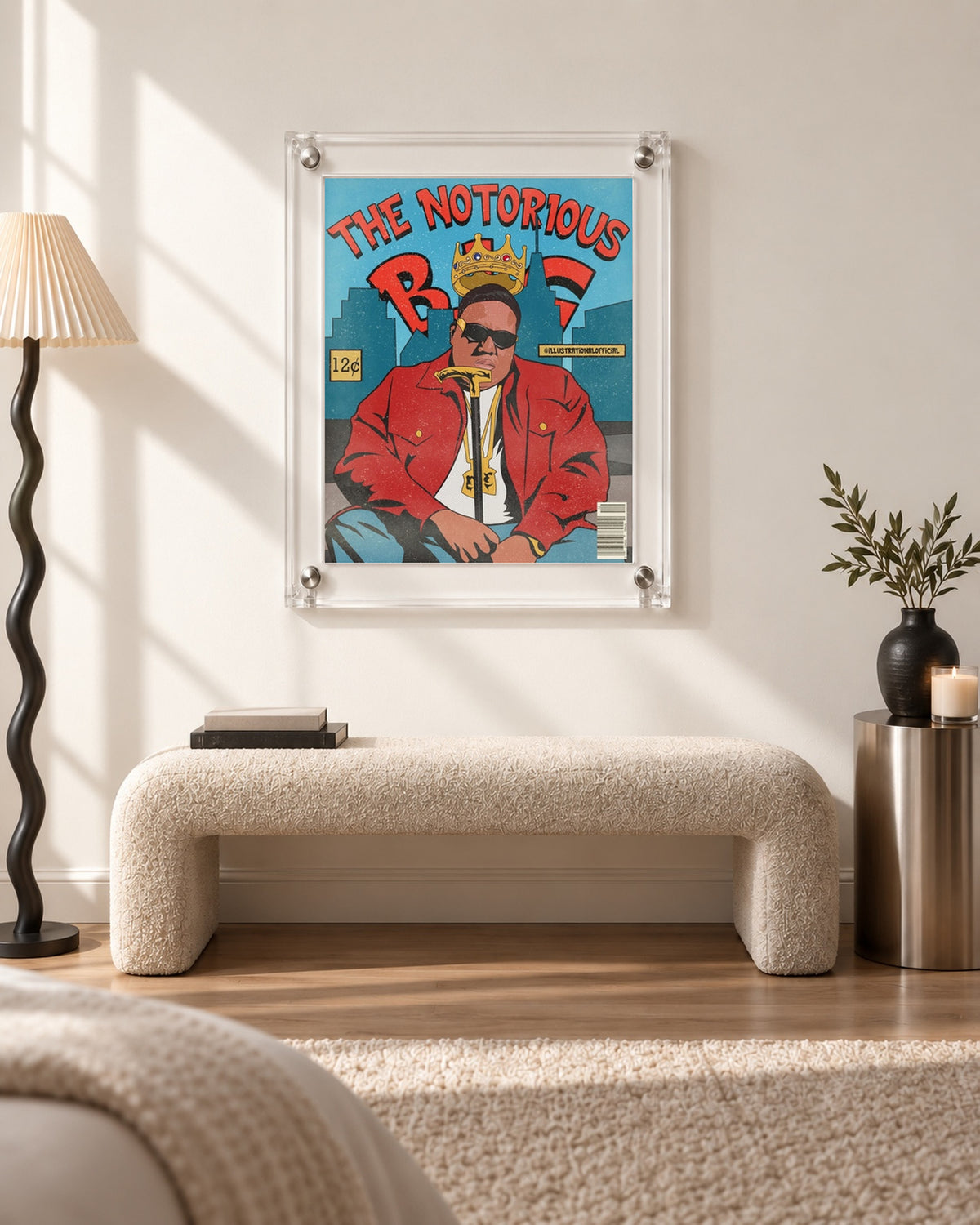 The Notorious B.I.G. Red Jacket Comic Style Poster, bench scene. Frame not included.
