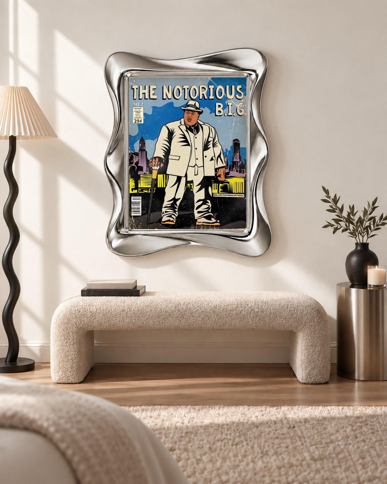 The Notorious B.I.G. White Suit Comic Style Poster, bench scene. Frame not included.