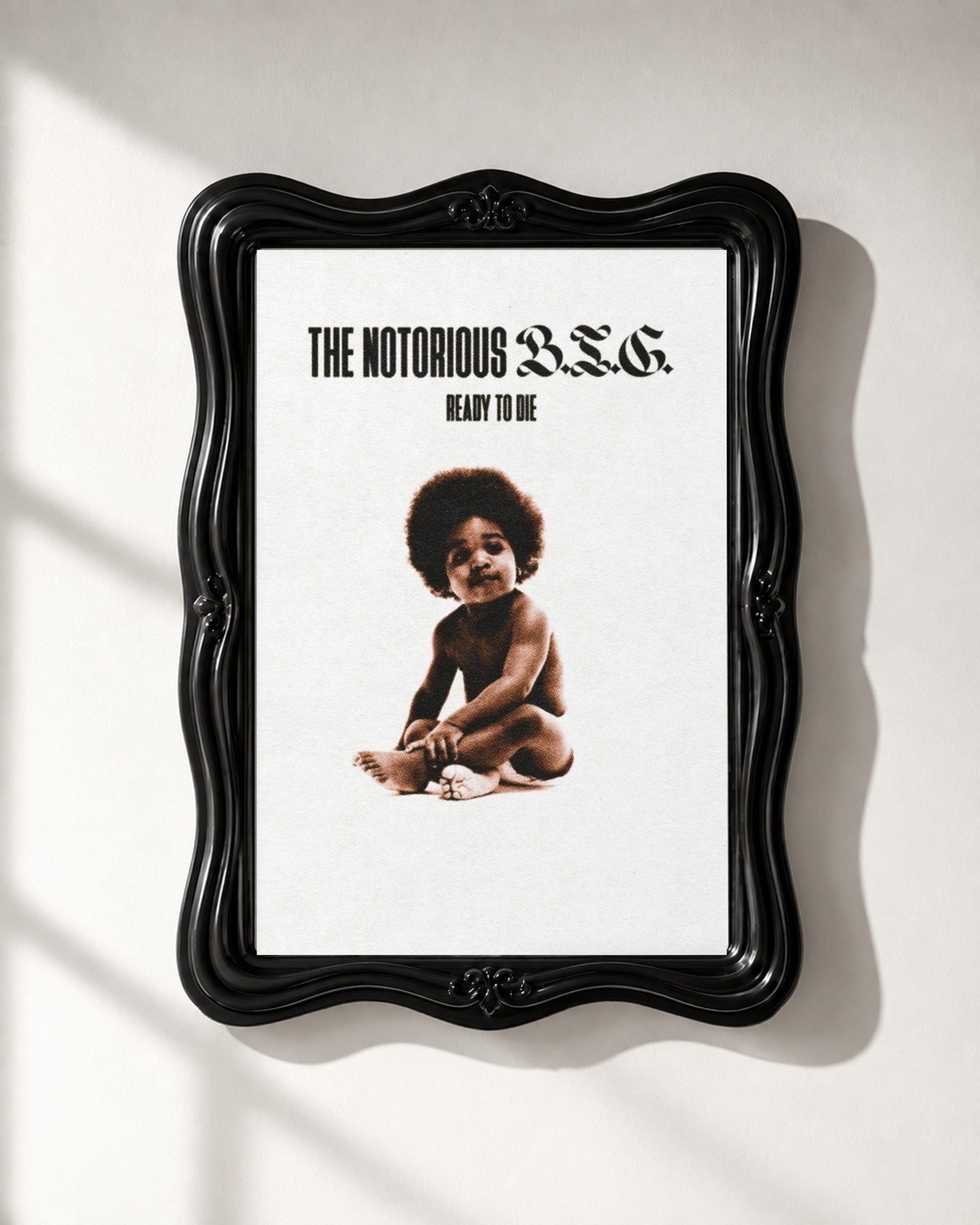 The Notorious B.I.G. Ready to Die White Background Poster, close-up. Frame not included.