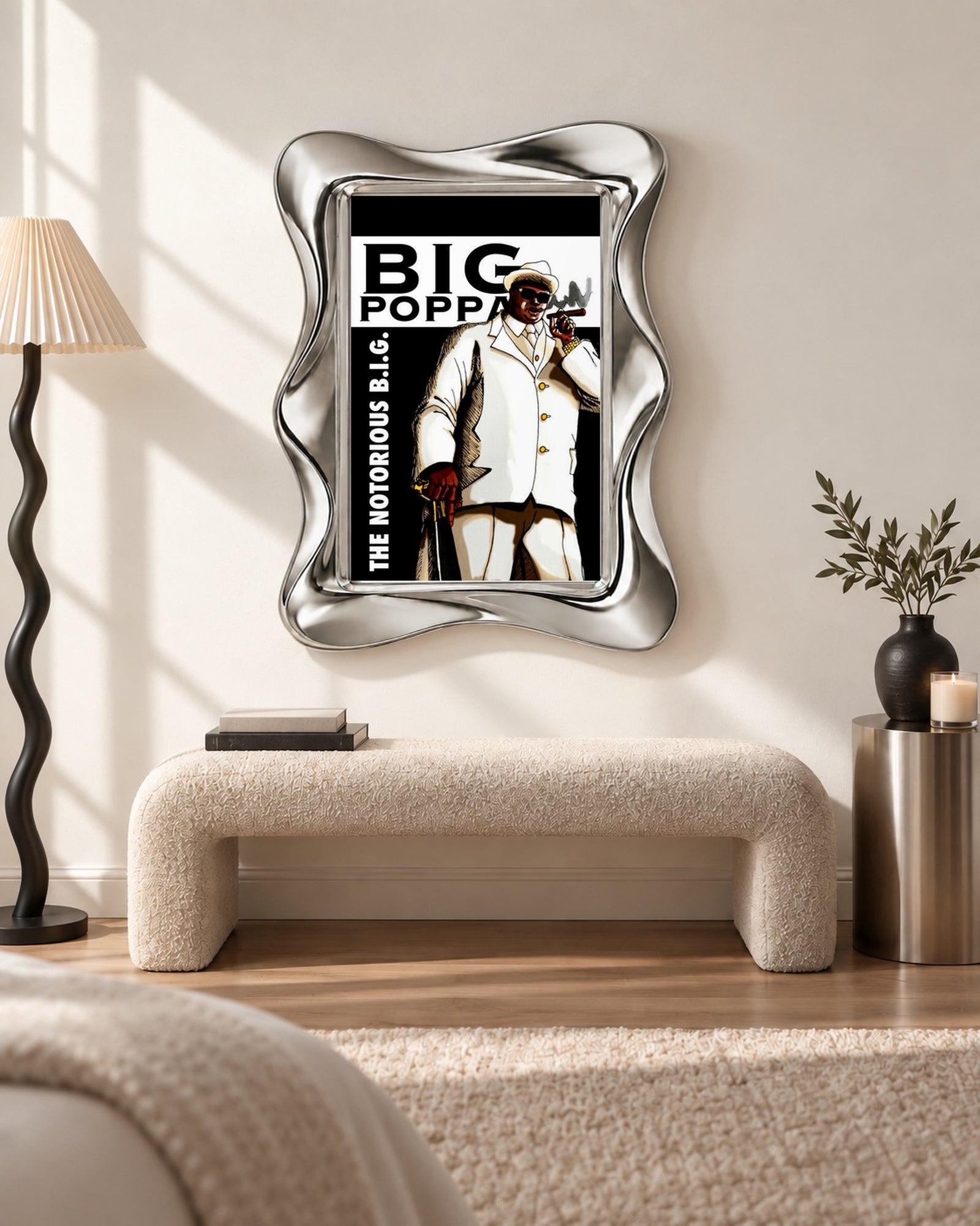 The Notorious B.I.G. Big Poppa White Suit Illustration Poster, bench scene. Frame not included.