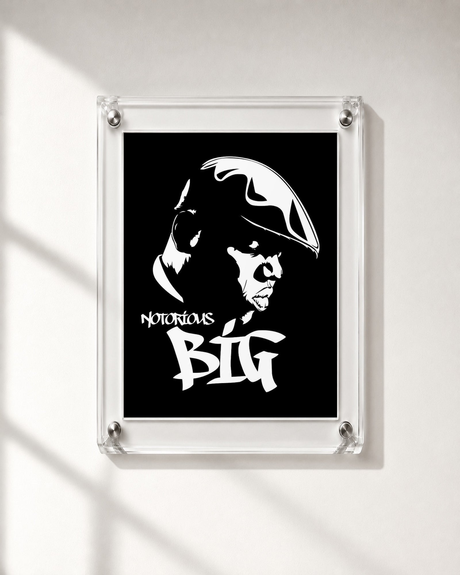 The Notorious B.I.G. stencil poster, cropped excess black margins, close-up; frame not included.