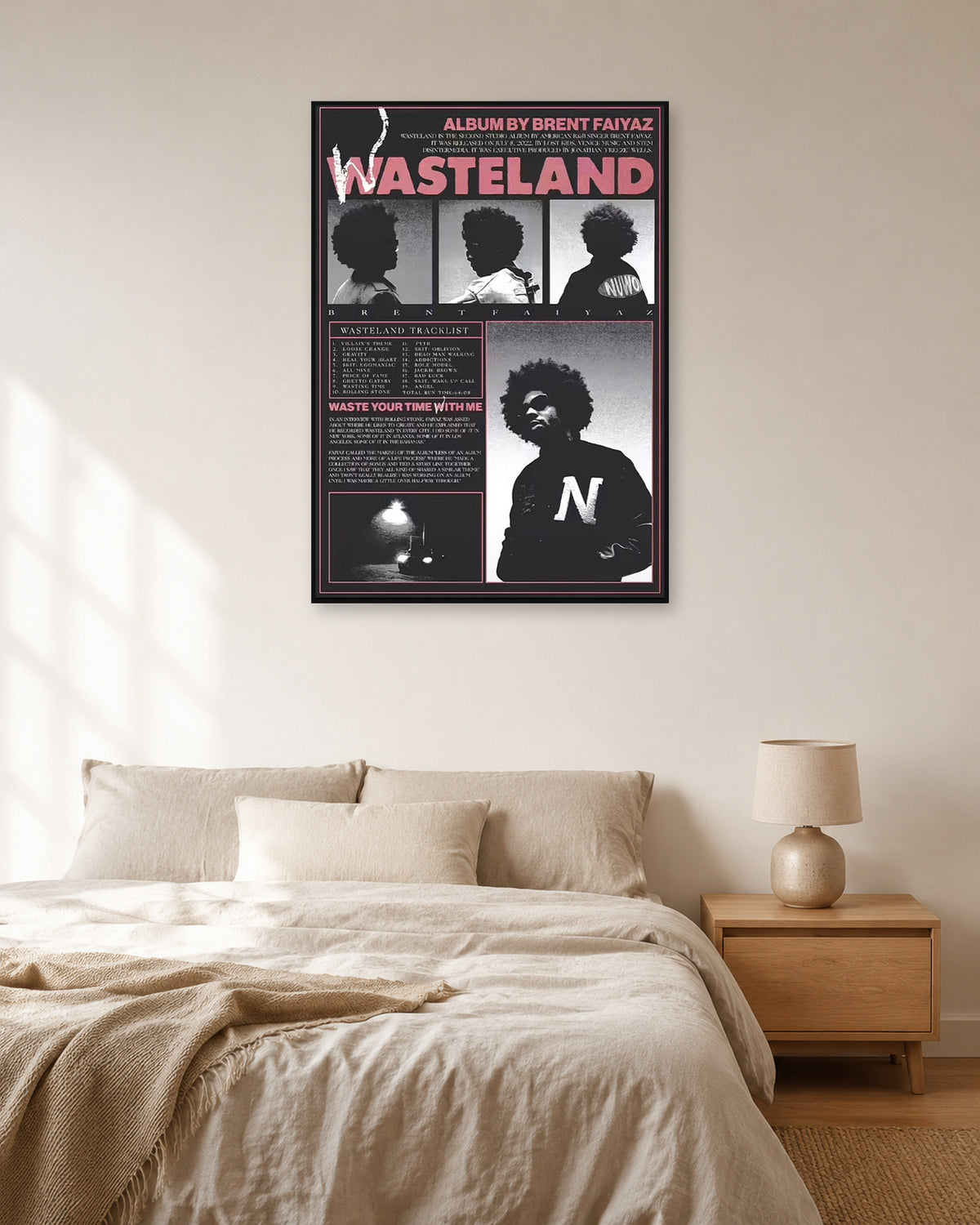 Brent Faiyaz Wasteland Pink Editorial Collage Poster — natural-light bedroom display. Print sold unframed; frame for display only.