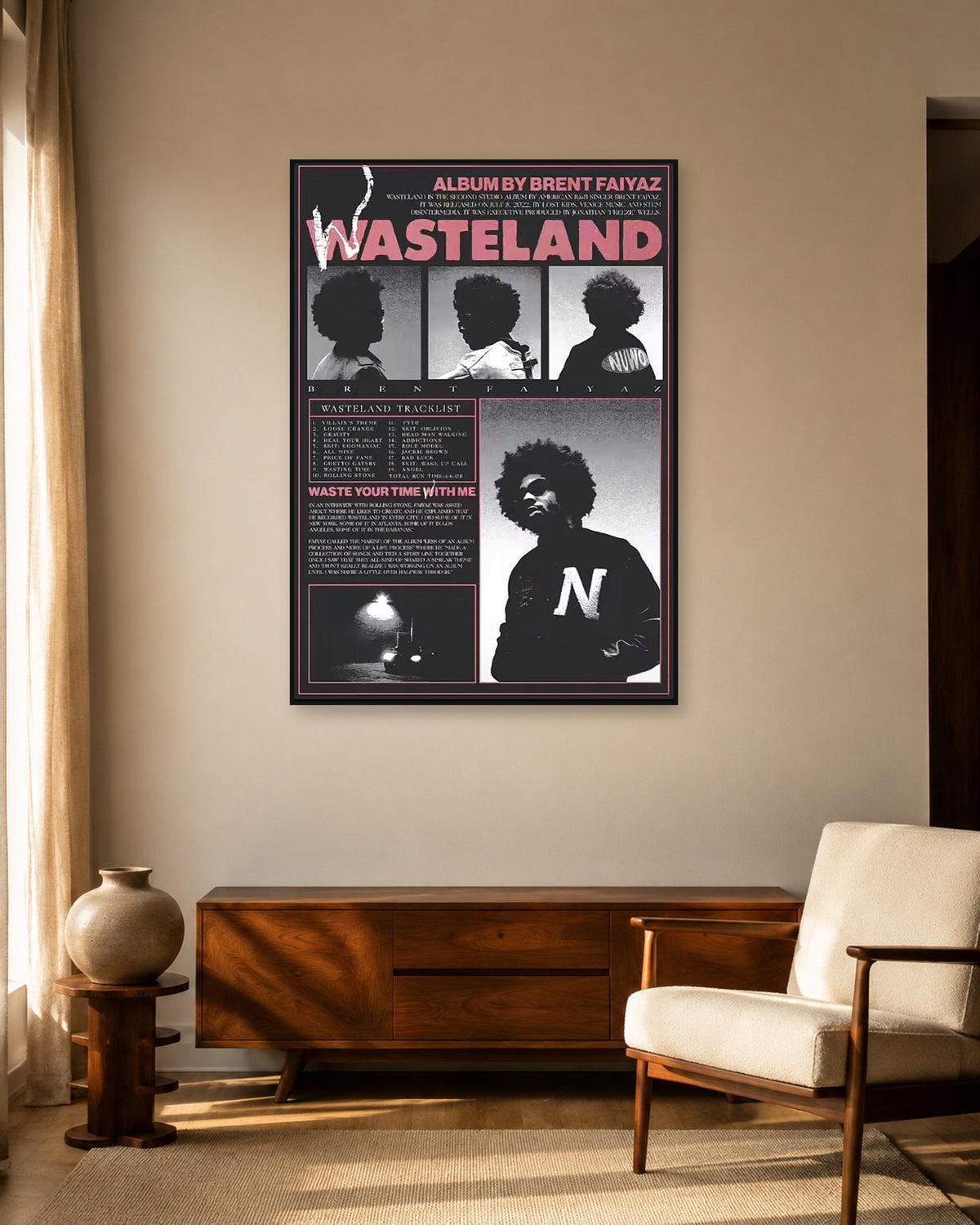 Brent Faiyaz Wasteland Pink Editorial Collage Poster — warm mid-century living room display. Print sold unframed; frame for display only.