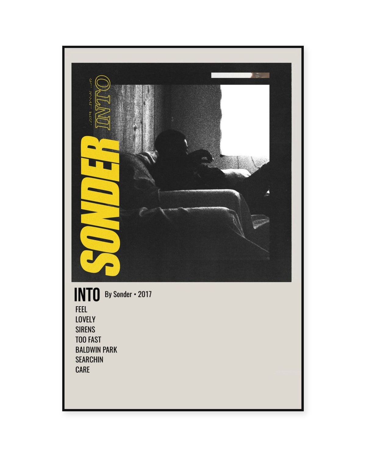 Brent Faiyaz Into Sonder Yellow Tracklist Poster — front view in a thin black display frame. Print sold unframed; frame for display only.