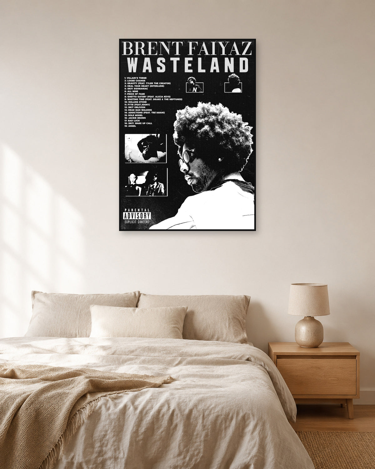 Brent Faiyaz Wasteland Black-and-White Portrait Collage Poster — natural-light bedroom display. Print sold unframed; frame for display only.