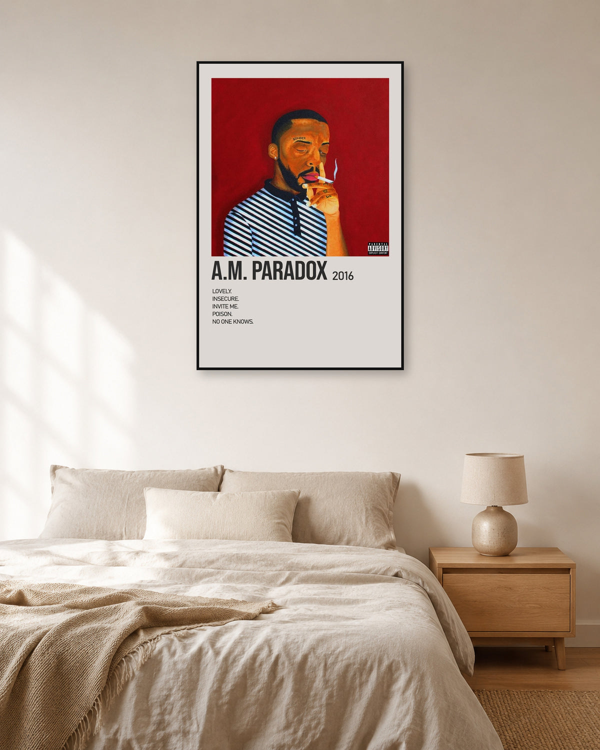 Brent Faiyaz A.M. Paradox Red Portrait Tracklist Poster — natural-light bedroom display. Print sold unframed; frame for display only.