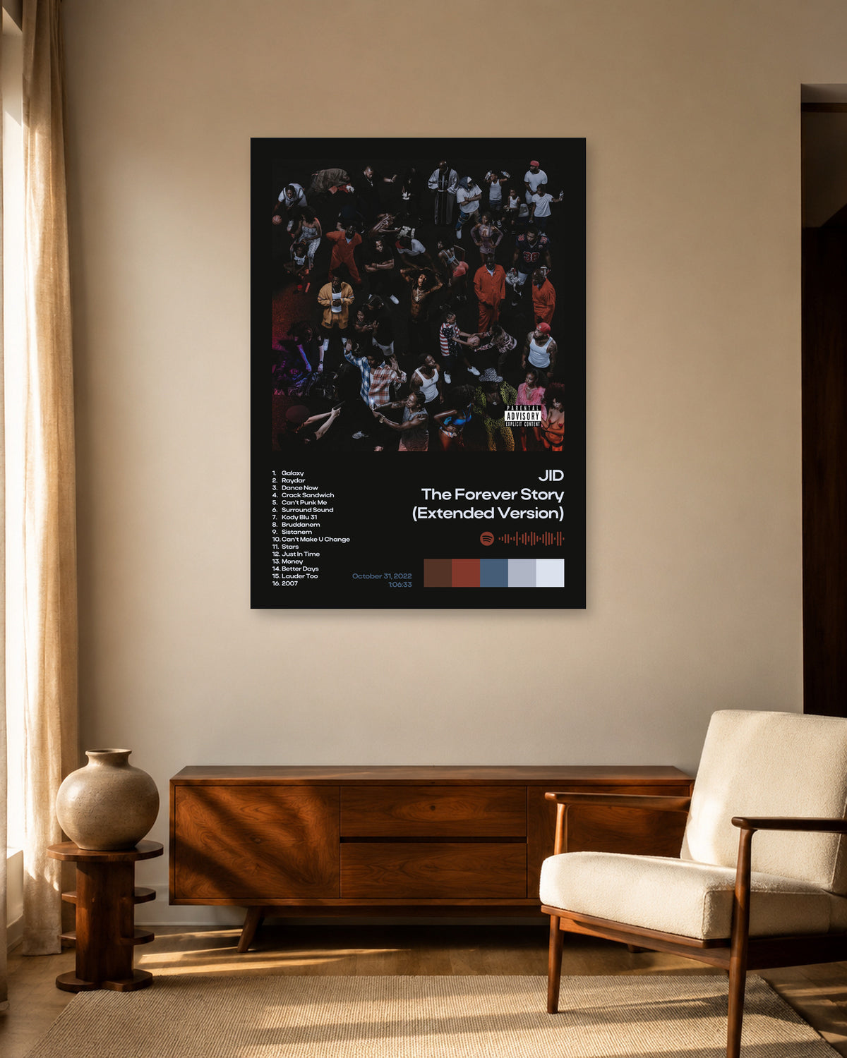 JID The Forever Story (Extended Version) Black Album Information Poster — warm mid-century living room display. Print sold unframed; frame for display only.