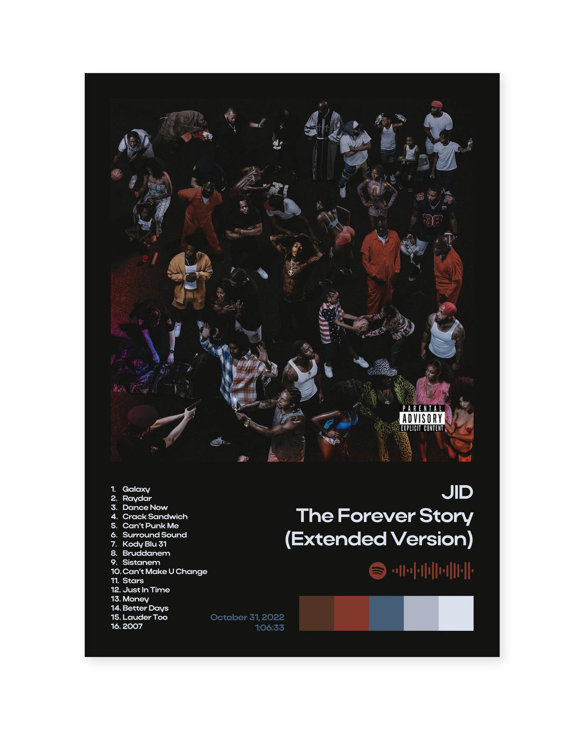 JID The Forever Story (Extended Version) Black Album Information Poster — front view in a thin black display frame. Print sold unframed; frame for display only.