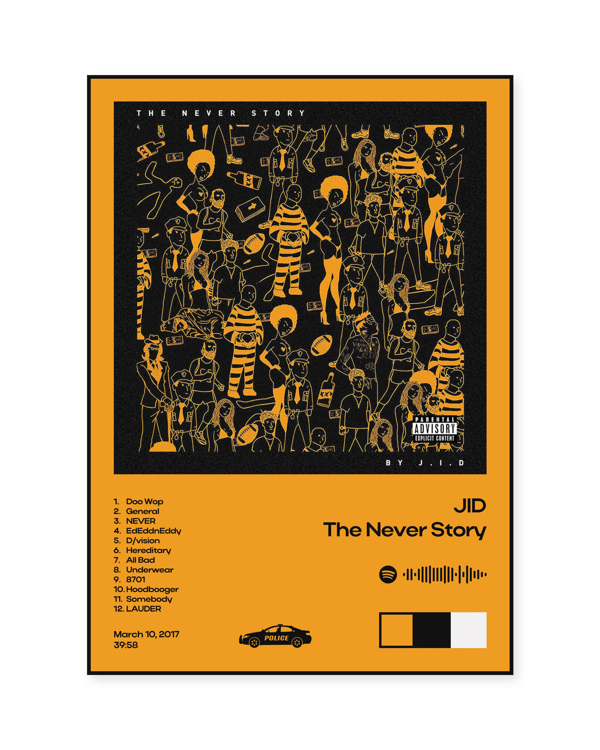 JID The Never Story Orange Tracklist Poster — front view in a thin black display frame. Print sold unframed; frame for display only.