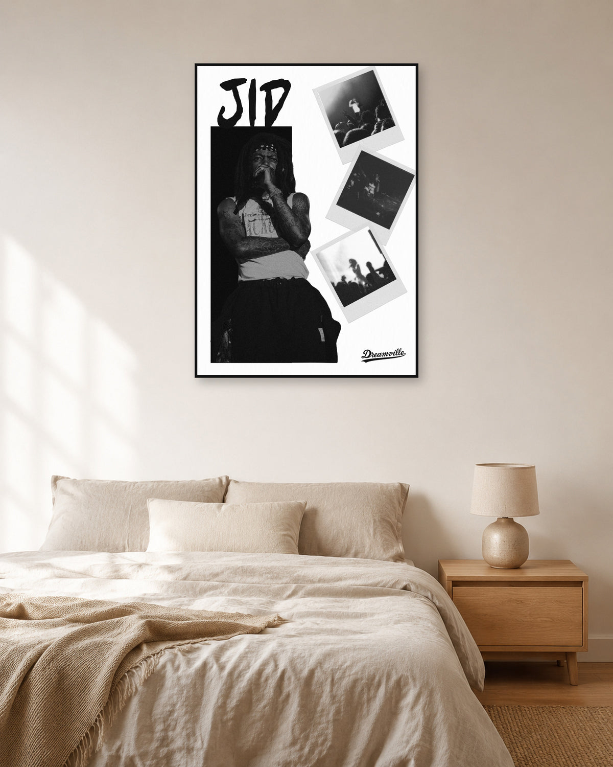 JID Performance Collage Black-and-White Poster — natural-light bedroom display. Print sold unframed; frame for display only.