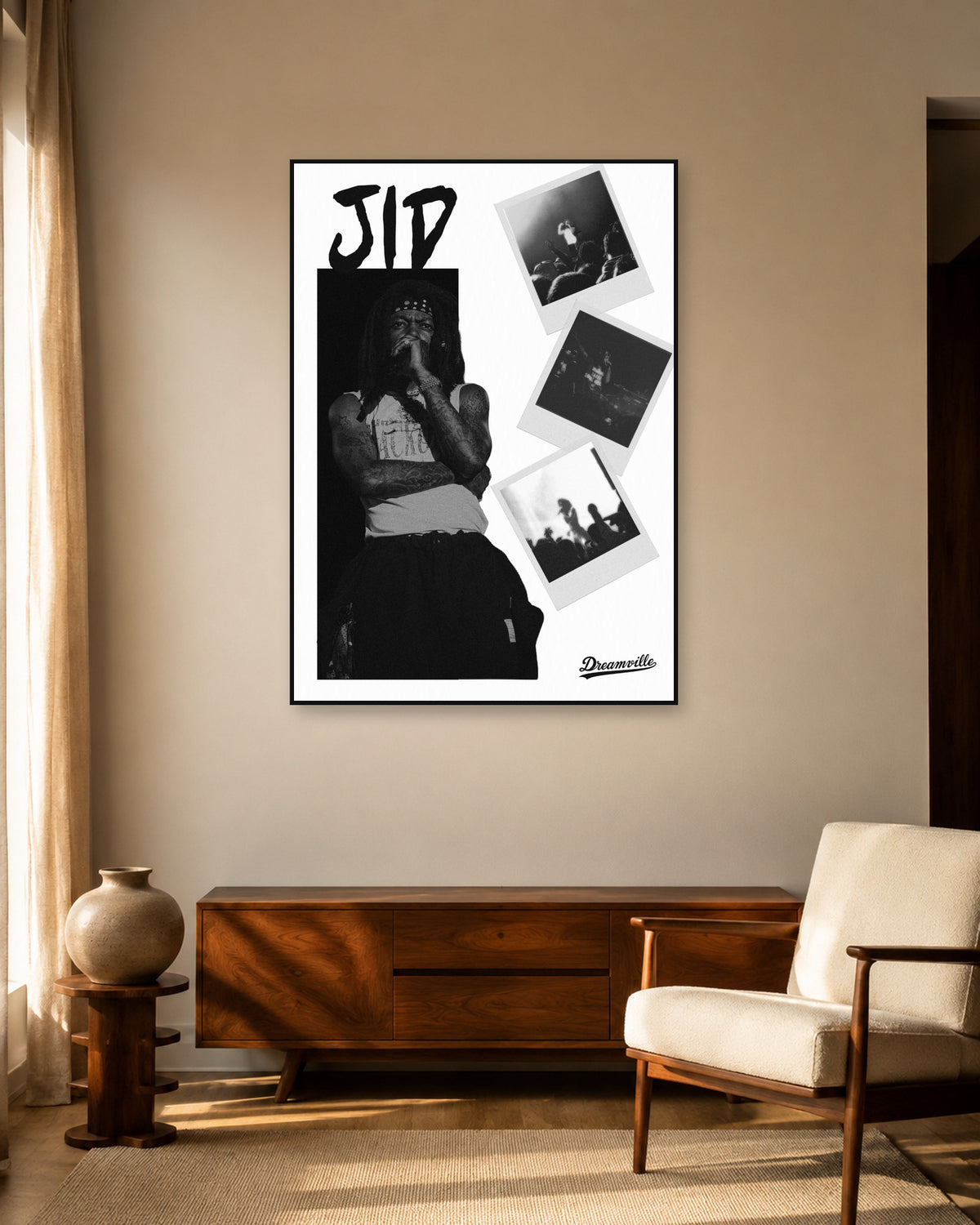 JID Performance Collage Black-and-White Poster — warm mid-century living room display. Print sold unframed; frame for display only.